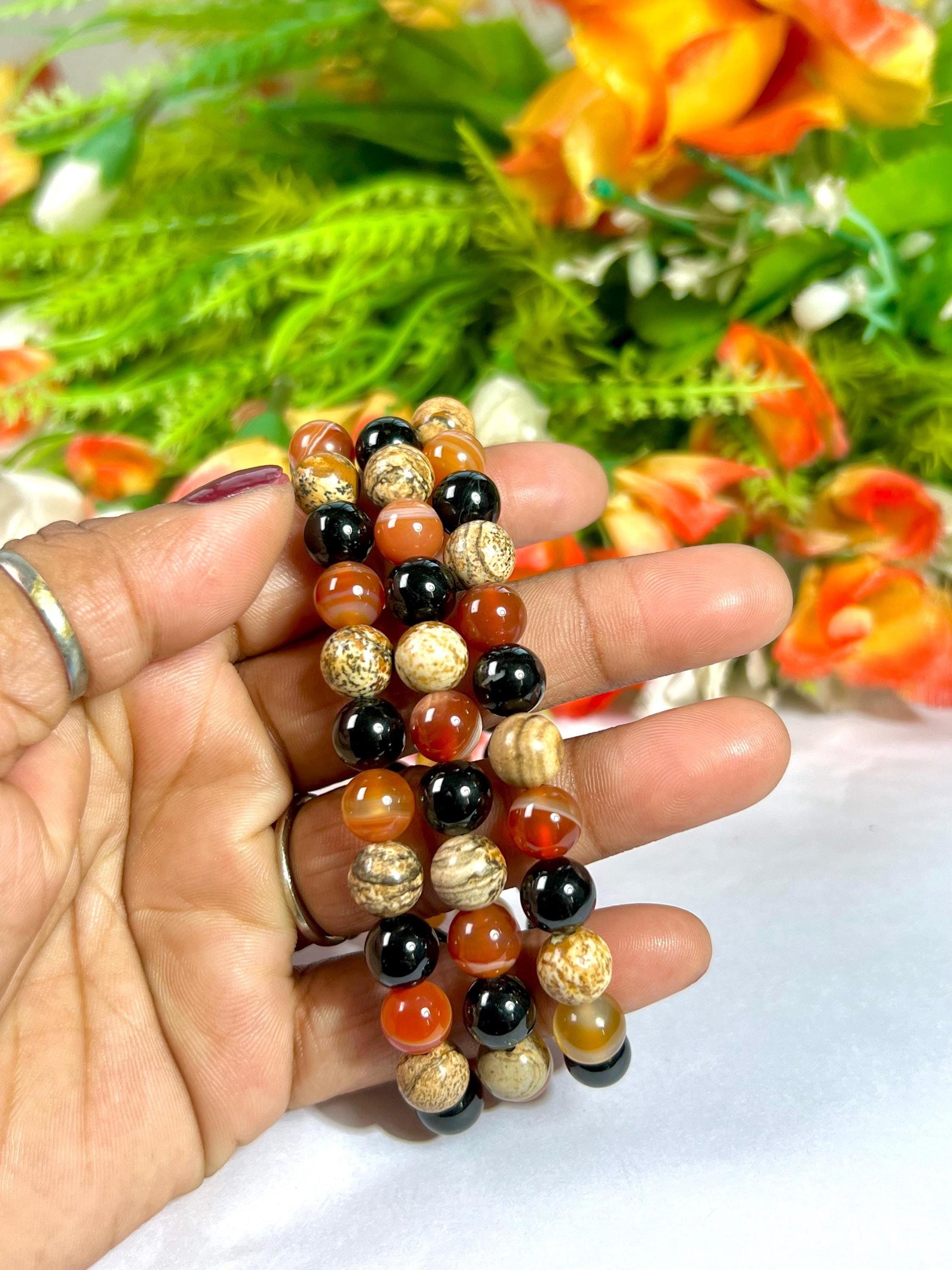 For Nephew Bracelet l Sardonyx , Picture Jasper , Black Tourmaline Stone  8 MM Beads Bracelet