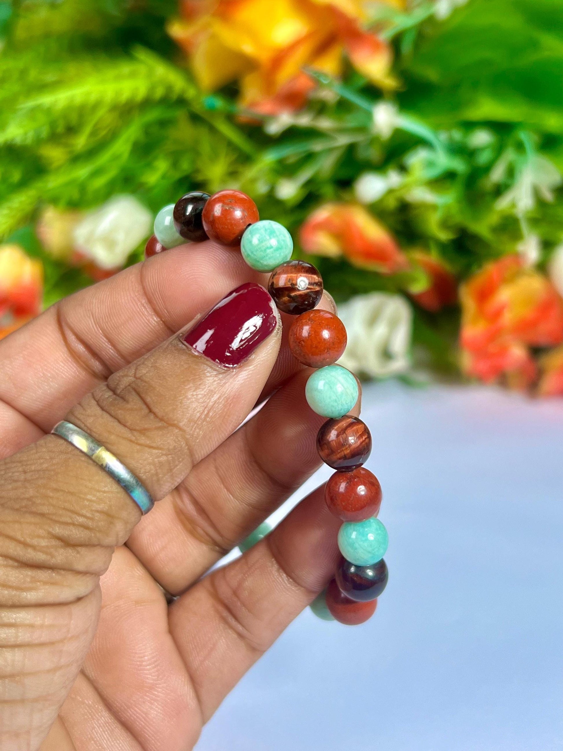 For Someone Special Bracelet l Amazonite, Red Tiger Eye, Red Jasper Stone 8 MM Beads Bracelet