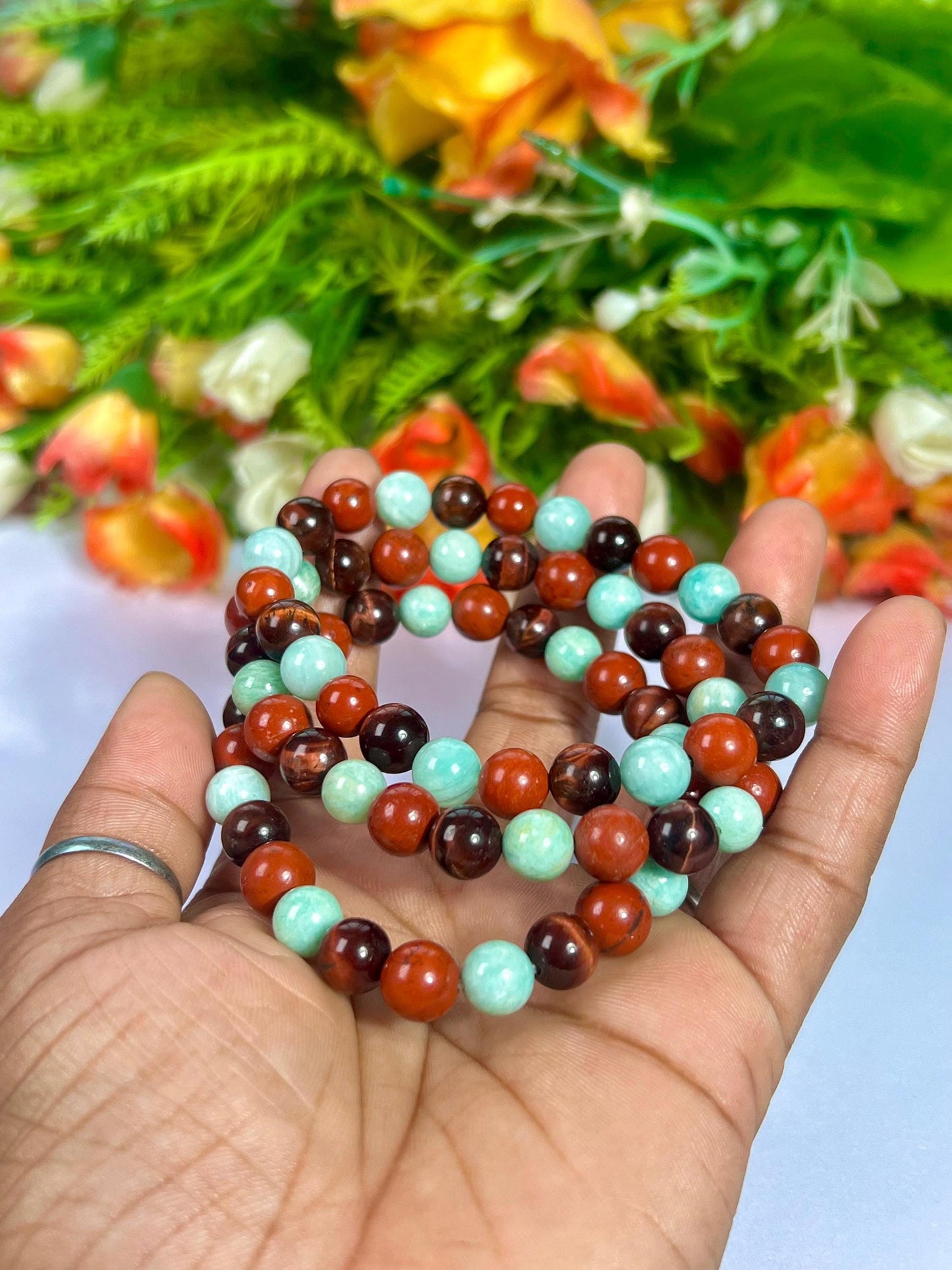 For Someone Special Bracelet l Amazonite, Red Tiger Eye, Red Jasper Stone 8 MM Beads Bracelet