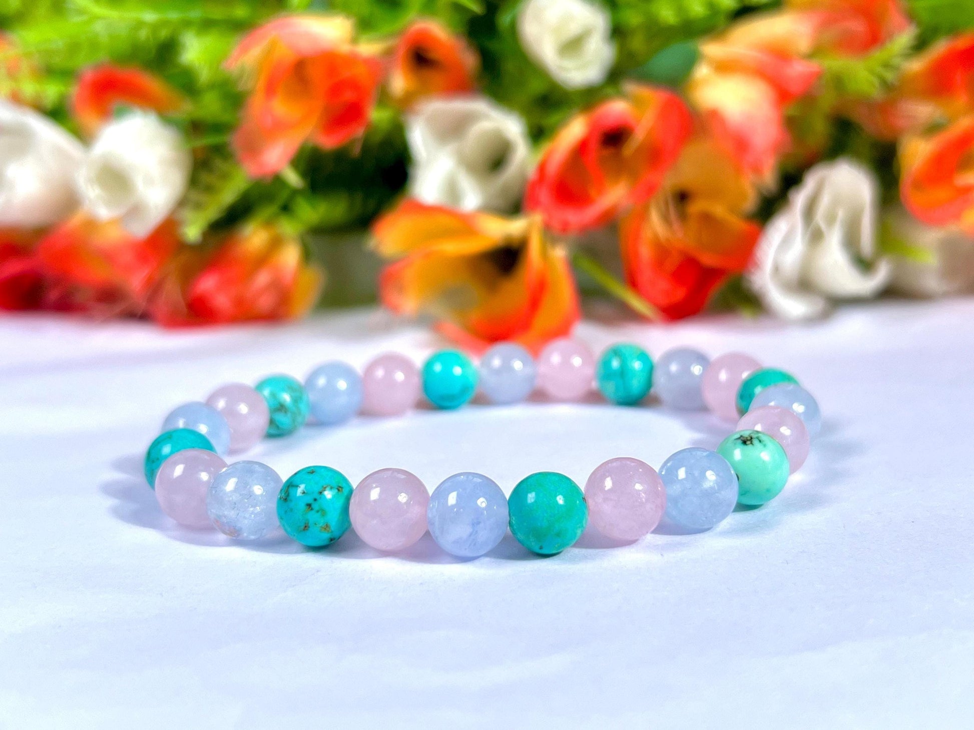 For Grandmother, Grandma, Nanny, Nannie, Granny, Bracelet l Howlite Turquoise  ,Aquamarine , Rose Quartz Stone  8 MM Beads Bracelet