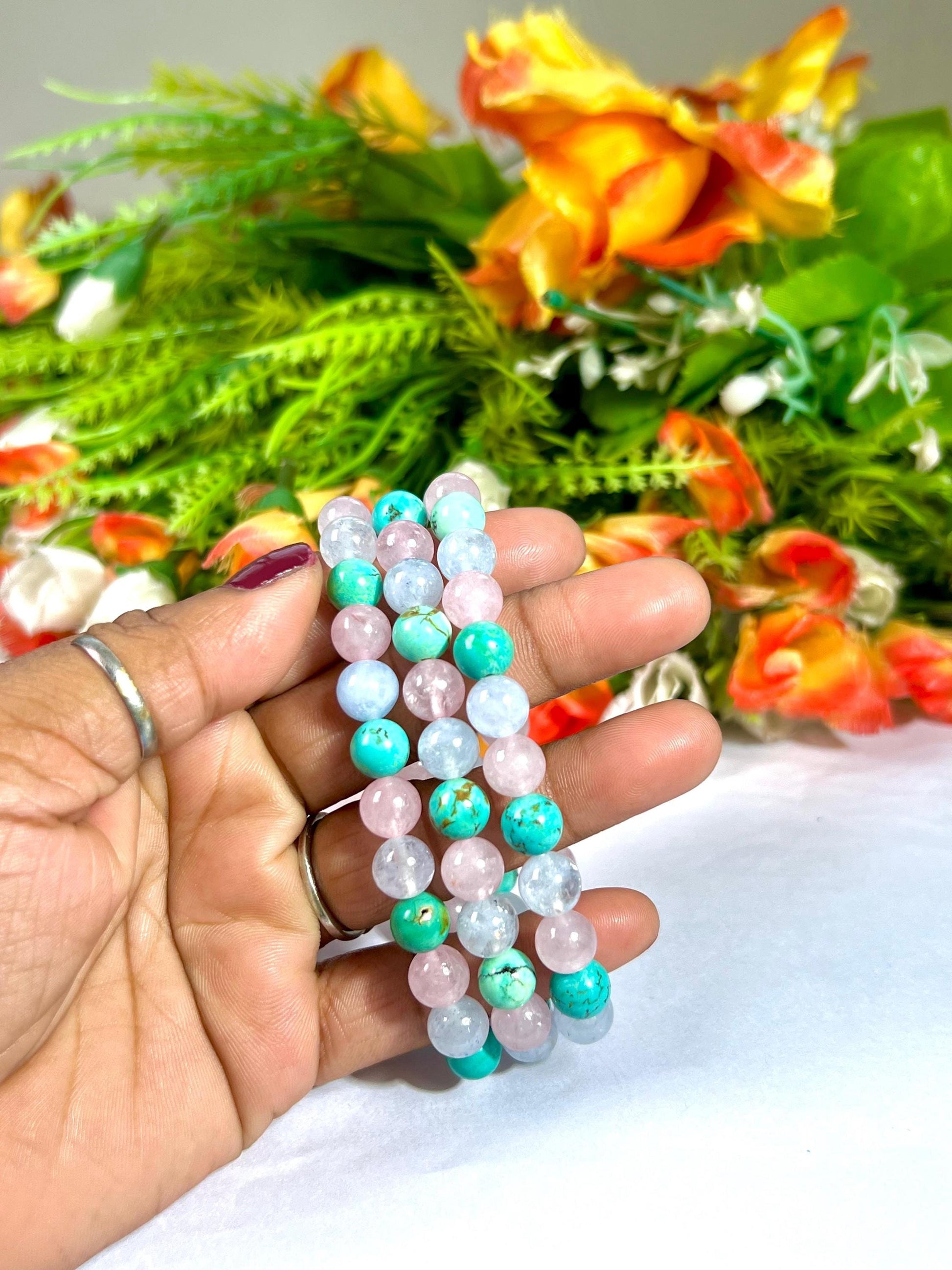 For Grandmother, Grandma, Nanny, Nannie, Granny, Bracelet l Howlite Turquoise  ,Aquamarine , Rose Quartz Stone  8 MM Beads Bracelet