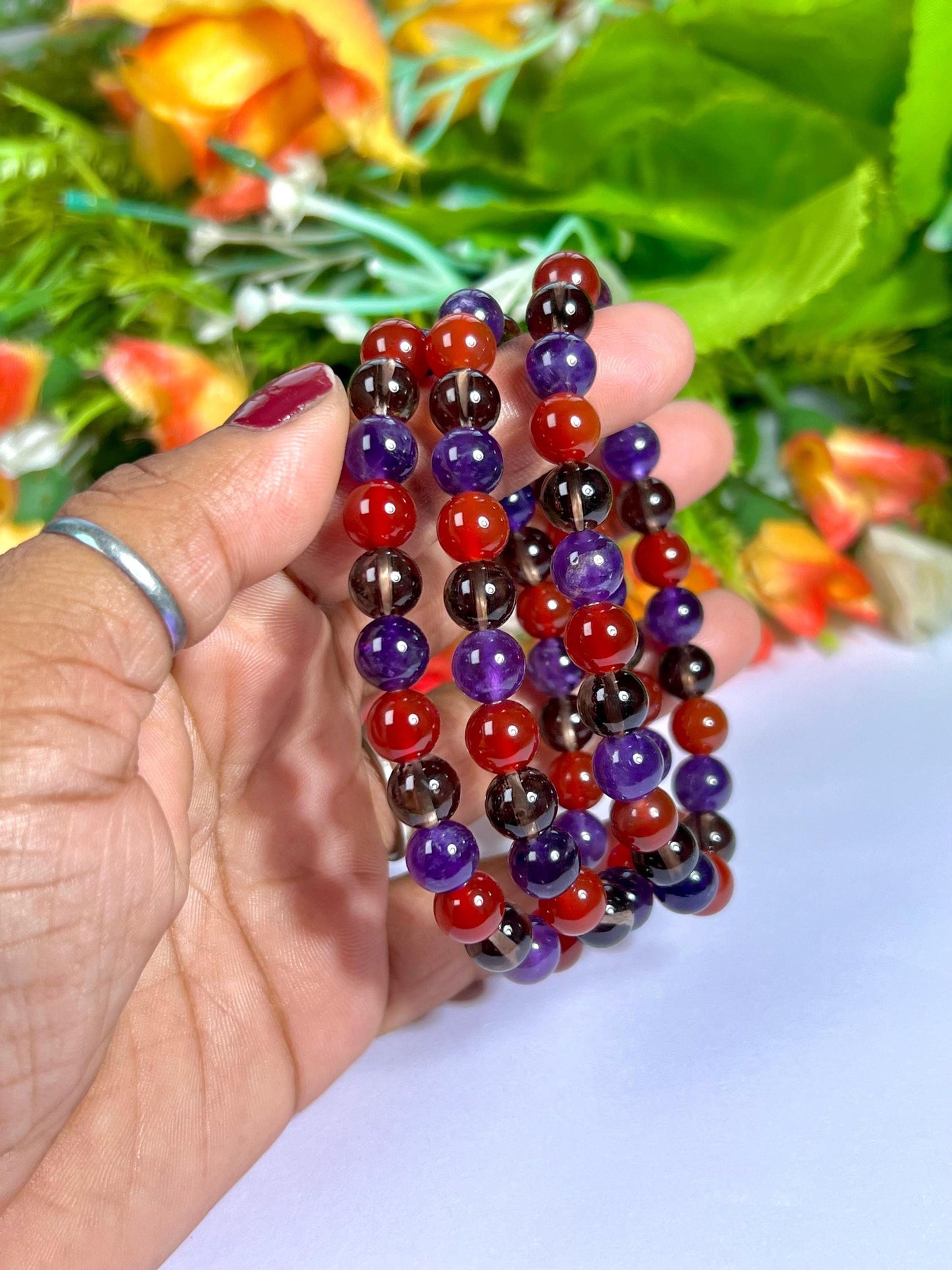 For Partner Bracelet l Amethyst, Smoky Quartz, Carnelian Stone 8 MM Beads Bracelet