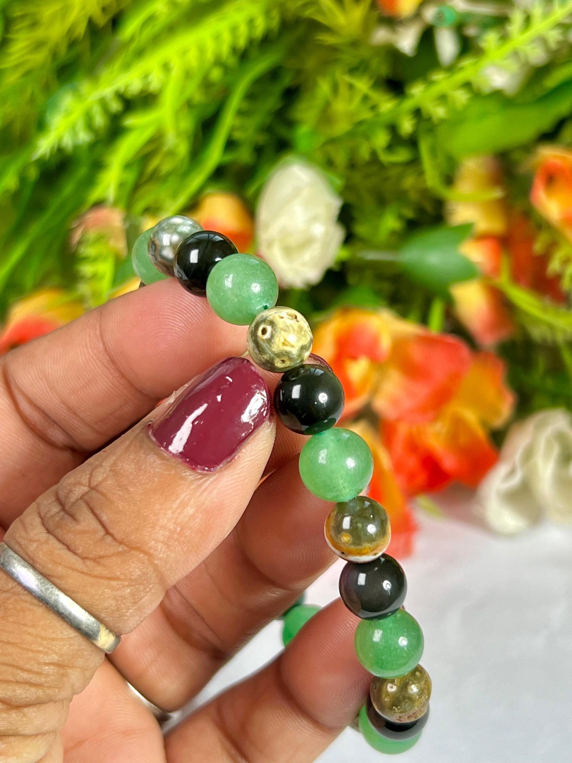 For Grandfather, Granddad, Grandpa, Nana Bracelet l Green Aventurine  ,Black Obsidian , Ocean Jasper Stone  8 MM Beads Bracelet