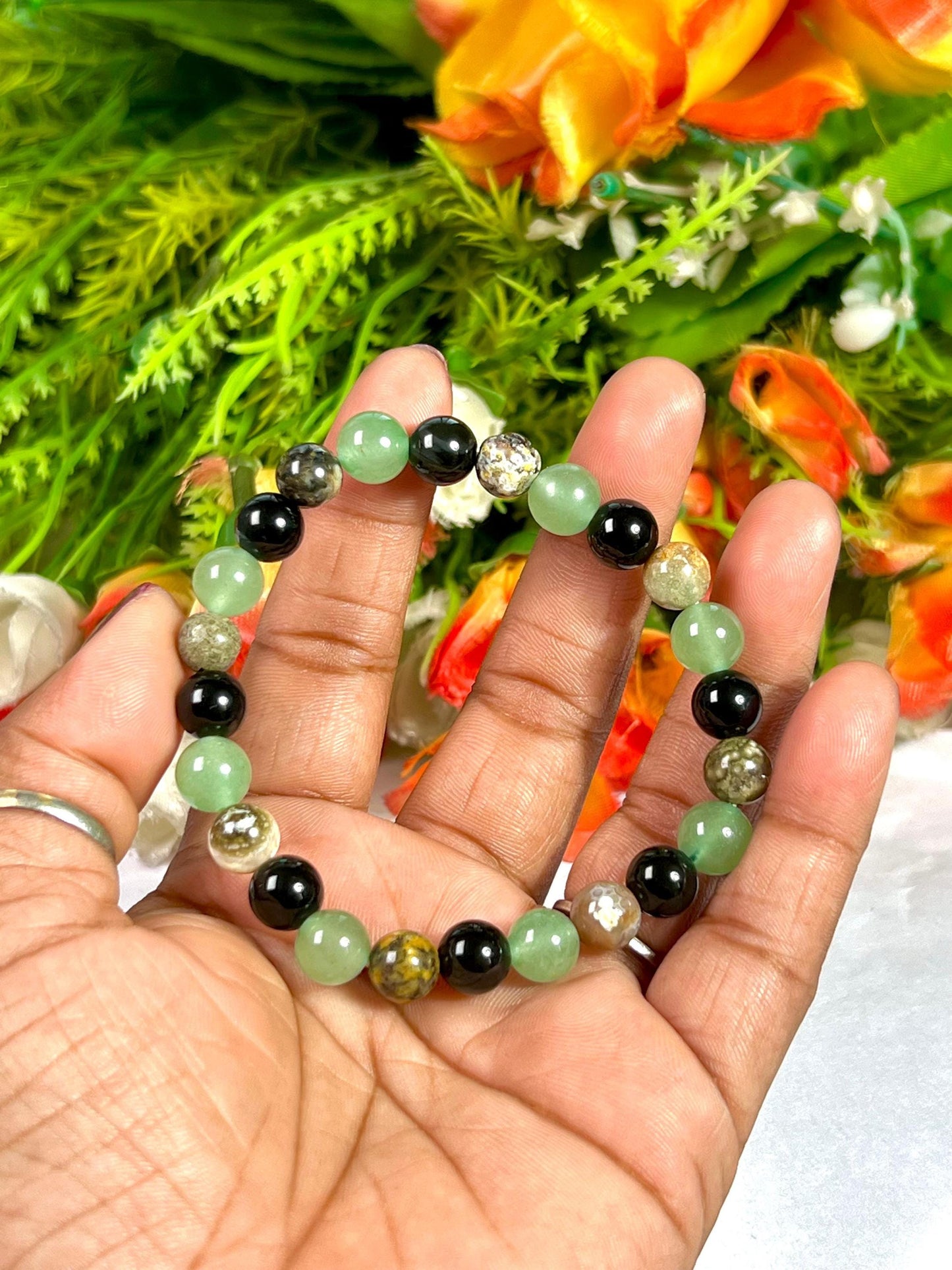 For Grandfather, Granddad, Grandpa, Nana Bracelet l Green Aventurine  ,Black Obsidian , Ocean Jasper Stone  8 MM Beads Bracelet
