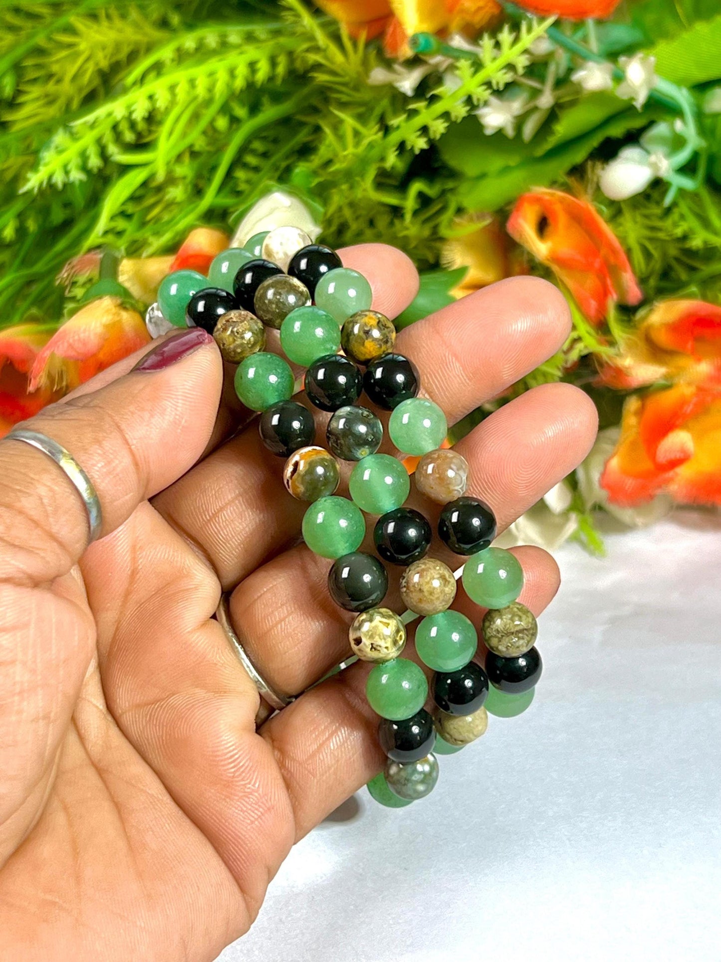 For Grandfather, Granddad, Grandpa, Nana Bracelet l Green Aventurine  ,Black Obsidian , Ocean Jasper Stone  8 MM Beads Bracelet