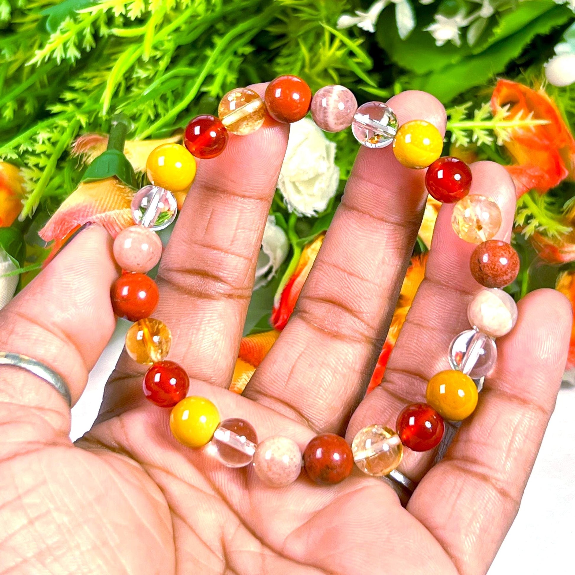 Positive Energy Stone Bracelet l Himalayan Crystal, Yellow Jasper, Carnelian, Citrine, Red Jasper, Peach Moonstone 8 MM Beads Bracelet