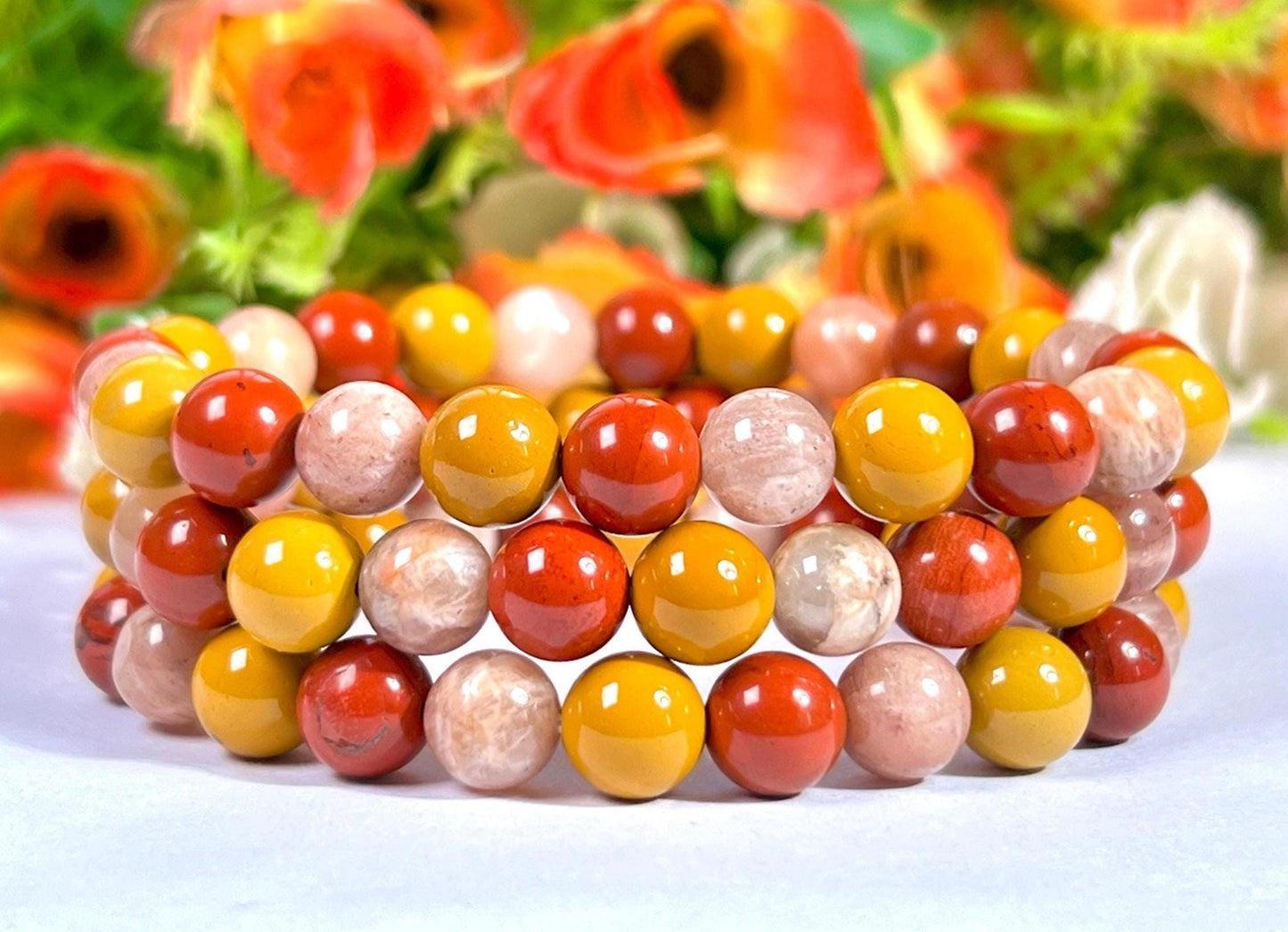 For Grand Daughter Bracelet l Peach Moonstone, Red Jasper , Yellow Jasper Stone 8 MM Beads Bracelet