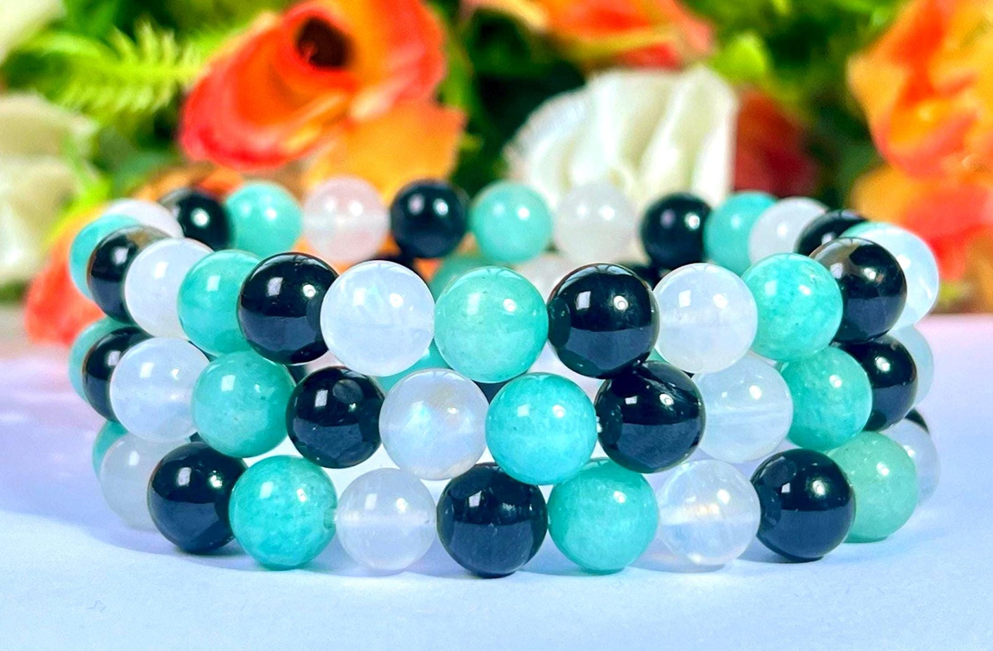For Sister Bracelet l Amazonite , Black Tourmaline , Rainbow Moonstone  8 MM Beads Bracelet