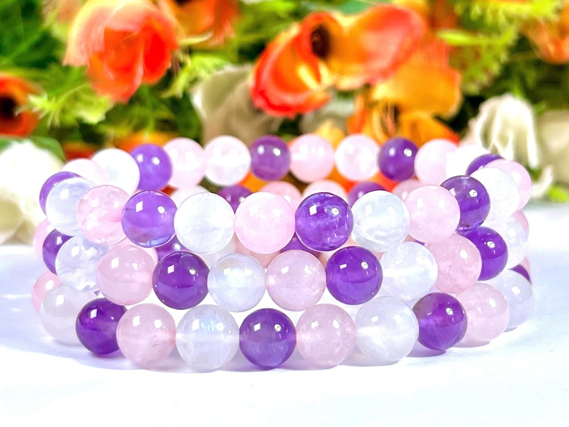 For Mother / Mummy Bracelet l Rose Quartz, Rainbow Moonstone , Amethyst Stone 8 MM Beads Bracelet