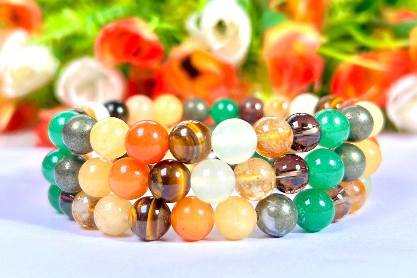 Menifest Abundance Prosperity Tiger's Eye, Barma Jade,Smoky Quartz,Pyrite ,Yellow Calcite,Red and Green Aventurine Stone 8 MM Beads Bracelet