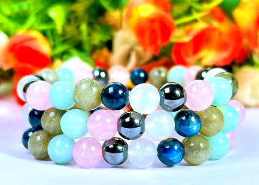 Wish Come True labradorite, Blue Kyanite, Rainbow Moonstone, Hematite, Rose Quartz, Amazonite Stone 8 MM Beads Bracelet