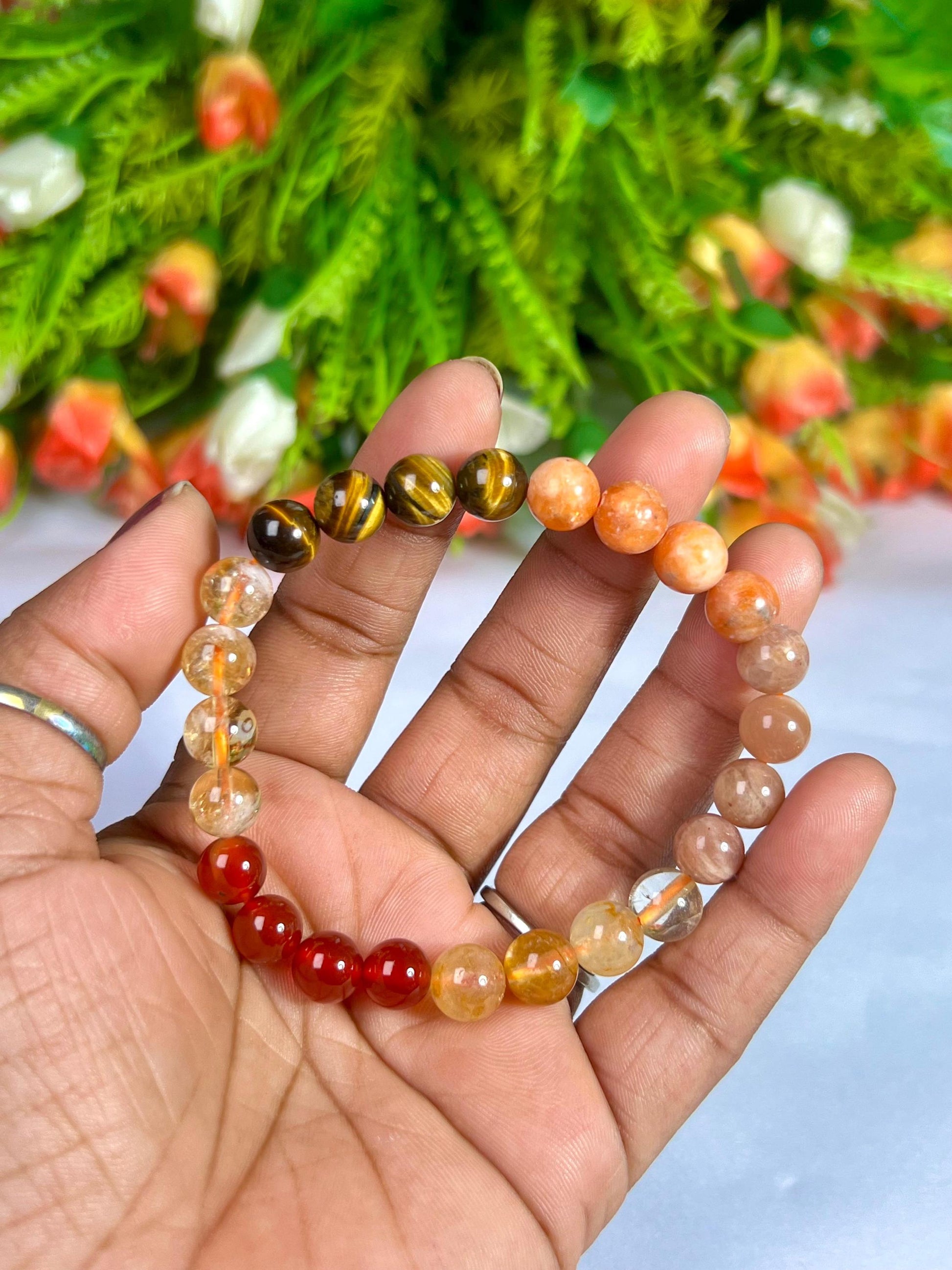 Sacral Chakra Stone Bracelet l Peach Moonstone, Sunstone, Tiger Eye, Citrine, Carnelian, Golden Healer Quartz Stone 8 MM Beads Bracelet