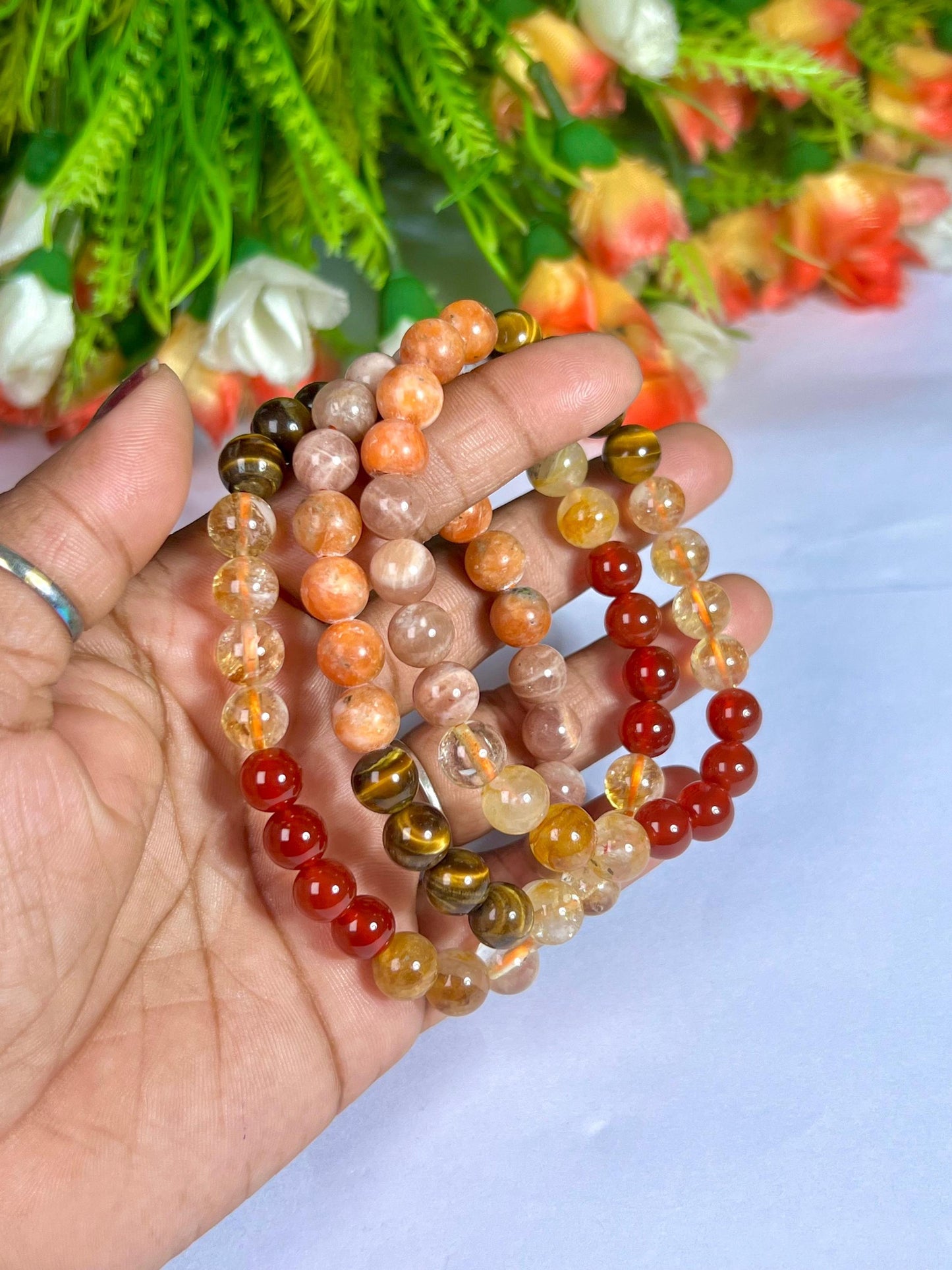 Sacral Chakra Stone Bracelet l Peach Moonstone, Sunstone, Tiger Eye, Citrine, Carnelian, Golden Healer Quartz Stone 8 MM Beads Bracelet