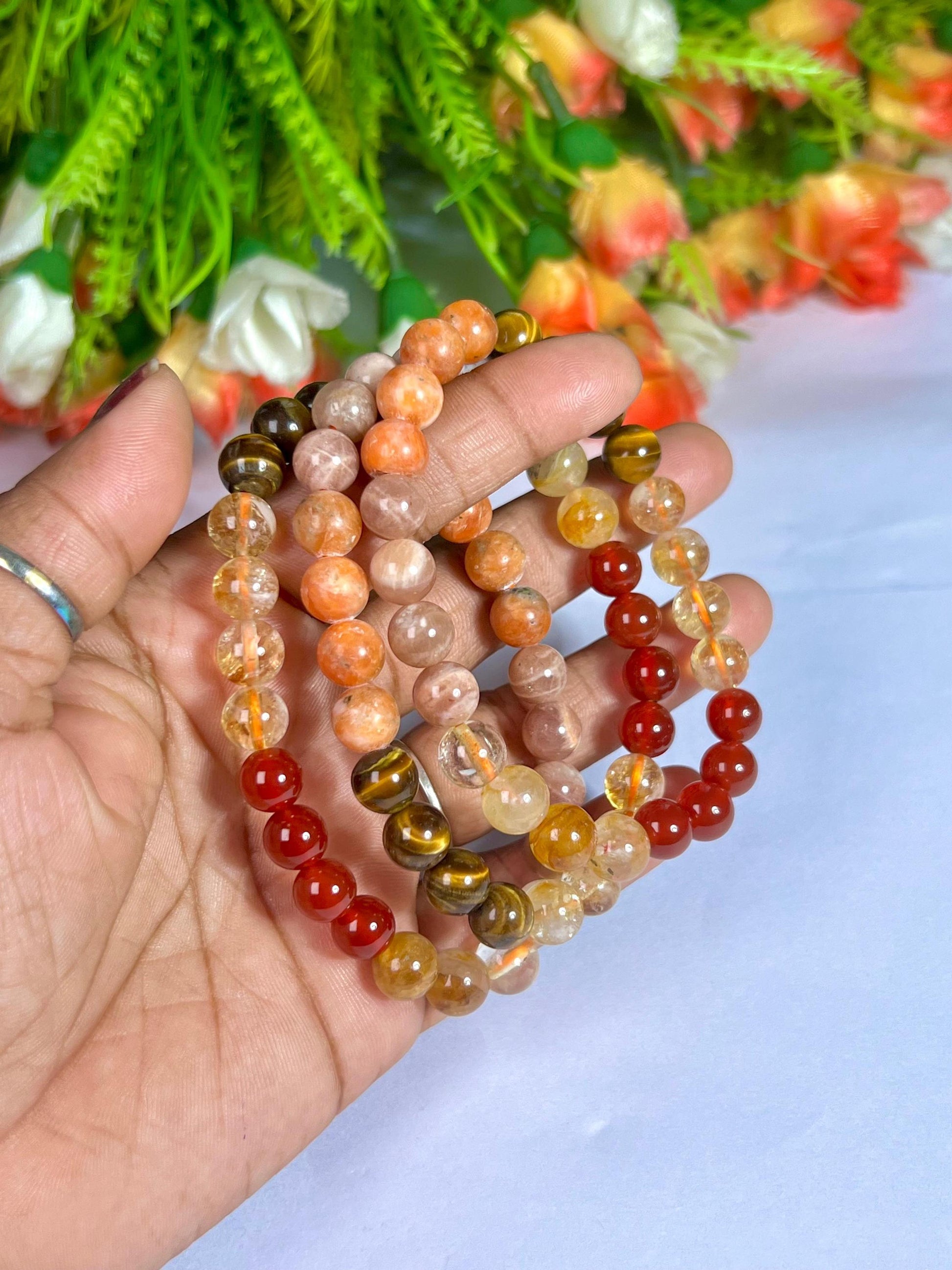 Sacral Chakra Stone Bracelet l Peach Moonstone, Sunstone, Tiger Eye, Citrine, Carnelian, Golden Healer Quartz Stone 8 MM Beads Bracelet