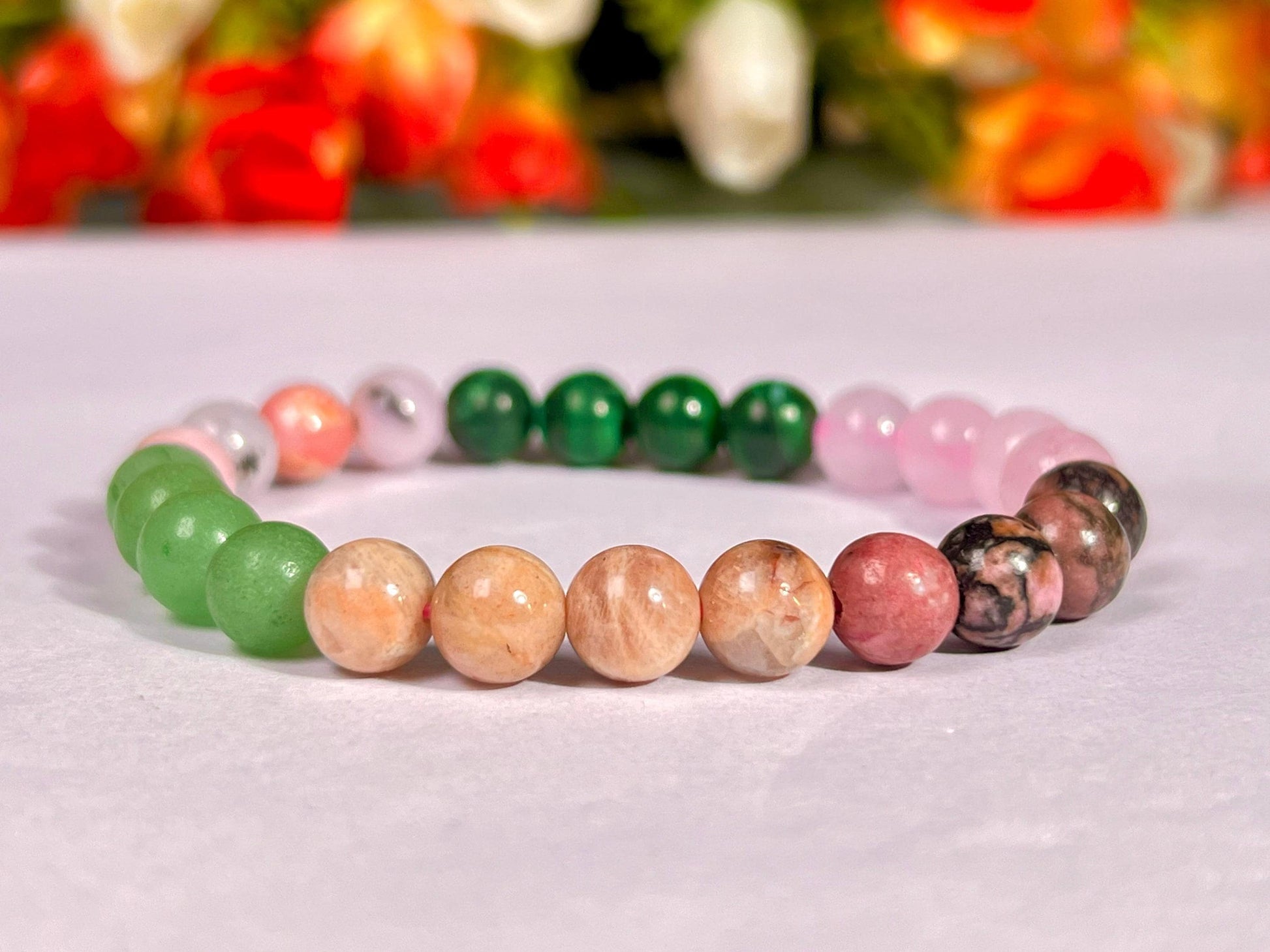Heart Chakra Stone Bracelet Green Aventurine,Pink Opal,Malachite,Rose Quartz,Rhodonite,Peach Moonstone 8 MM Beads Bracelet