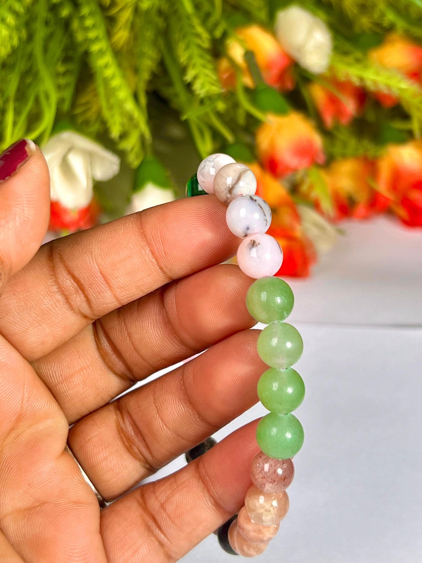 Heart Chakra Stone Bracelet Green Aventurine,Pink Opal,Malachite,Rose Quartz,Rhodonite,Peach Moonstone 8 MM Beads Bracelet