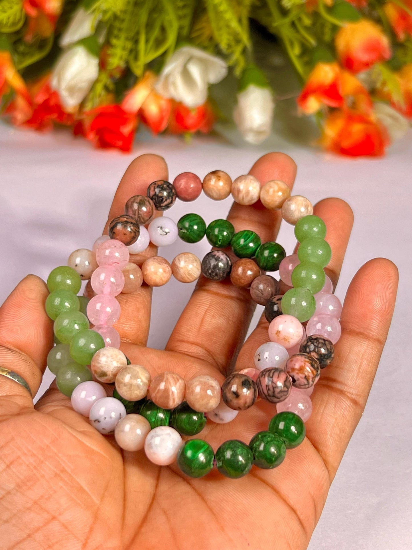 Heart Chakra Stone Bracelet Green Aventurine,Pink Opal,Malachite,Rose Quartz,Rhodonite,Peach Moonstone 8 MM Beads Bracelet