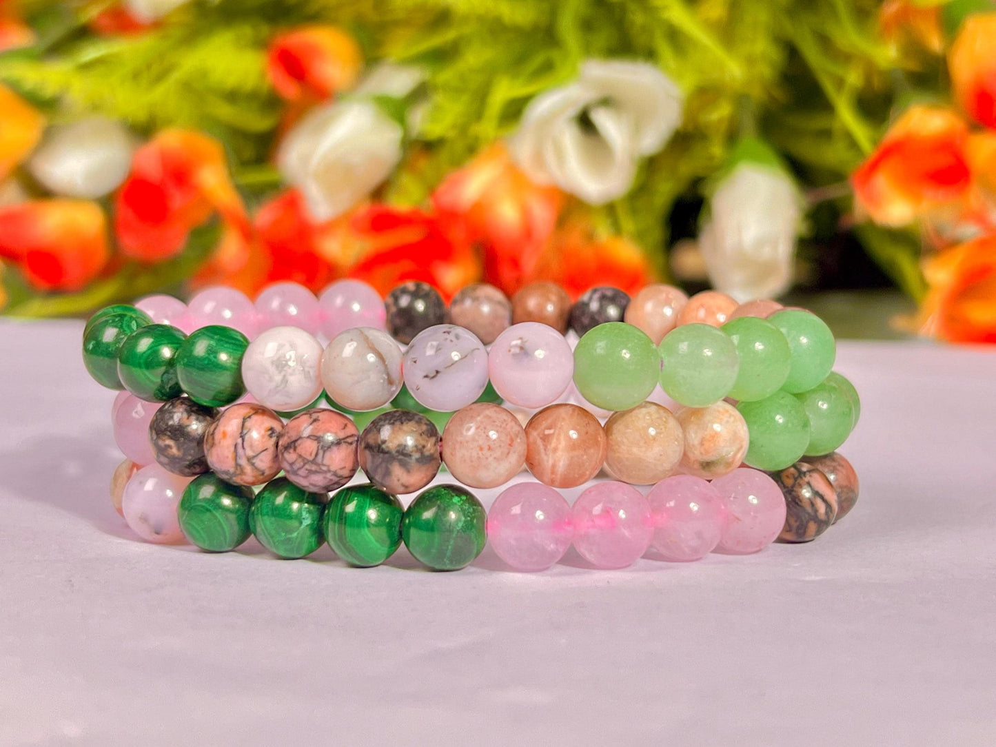Heart Chakra Stone Bracelet Green Aventurine,Pink Opal,Malachite,Rose Quartz,Rhodonite,Peach Moonstone 8 MM Beads Bracelet