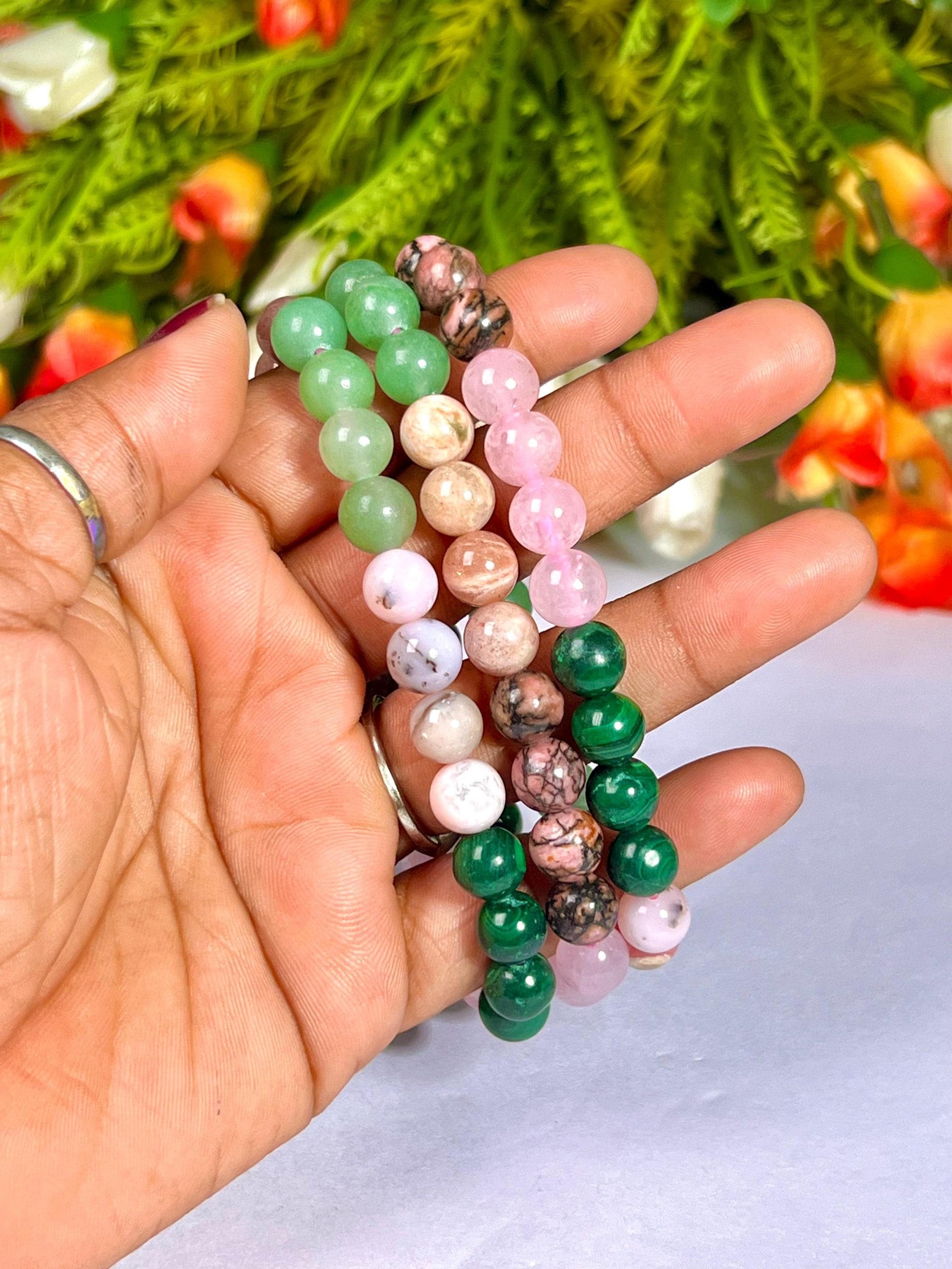 Heart Chakra Stone Bracelet Green Aventurine,Pink Opal,Malachite,Rose Quartz,Rhodonite,Peach Moonstone 8 MM Beads Bracelet