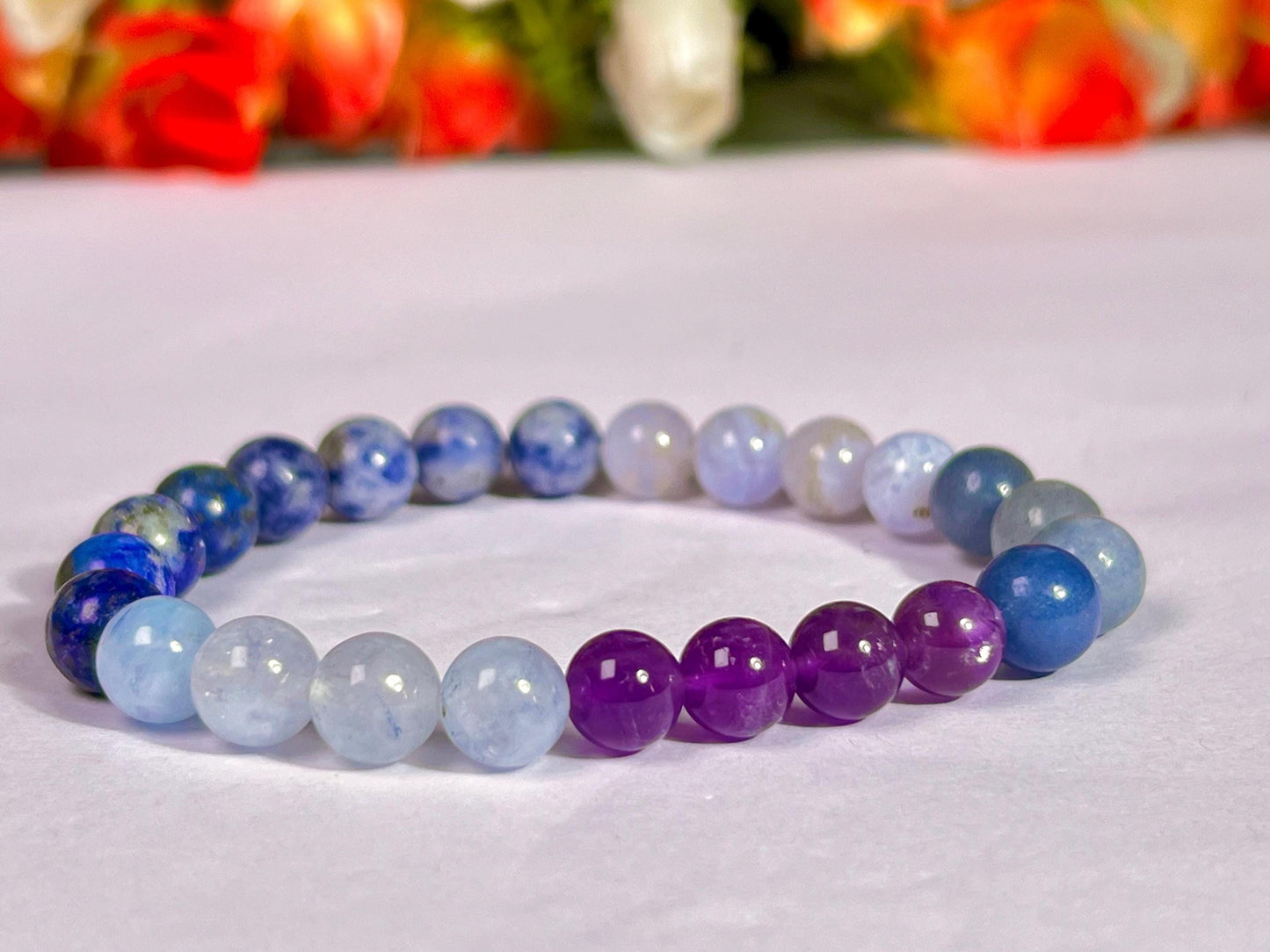 Throat Chakra Stone Bracelet Amethyst,Blue Aventurine,Blue Lace Agate,Sodalite,Lapis Lazuli,Aquamarine 8 MM Beads Bracelet