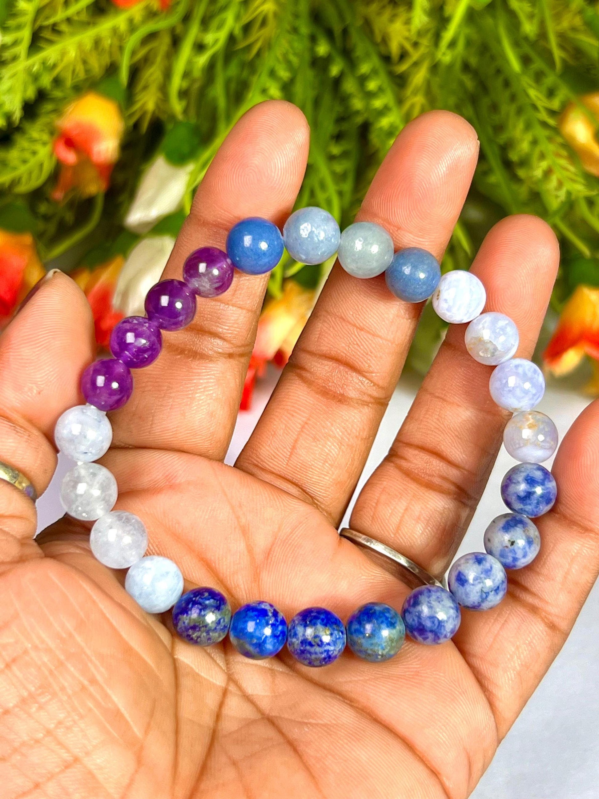 Throat Chakra Stone Bracelet Amethyst,Blue Aventurine,Blue Lace Agate,Sodalite,Lapis Lazuli,Aquamarine 8 MM Beads Bracelet