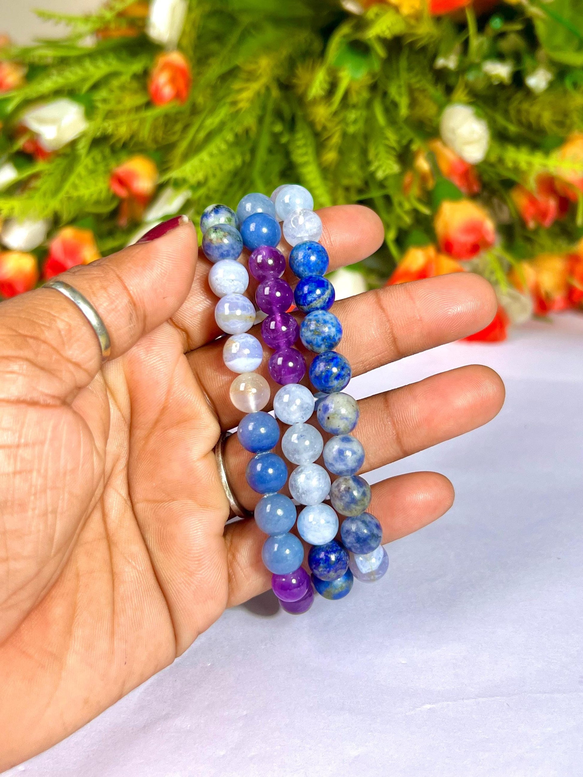Throat Chakra Stone Bracelet Amethyst,Blue Aventurine,Blue Lace Agate,Sodalite,Lapis Lazuli,Aquamarine 8 MM Beads Bracelet