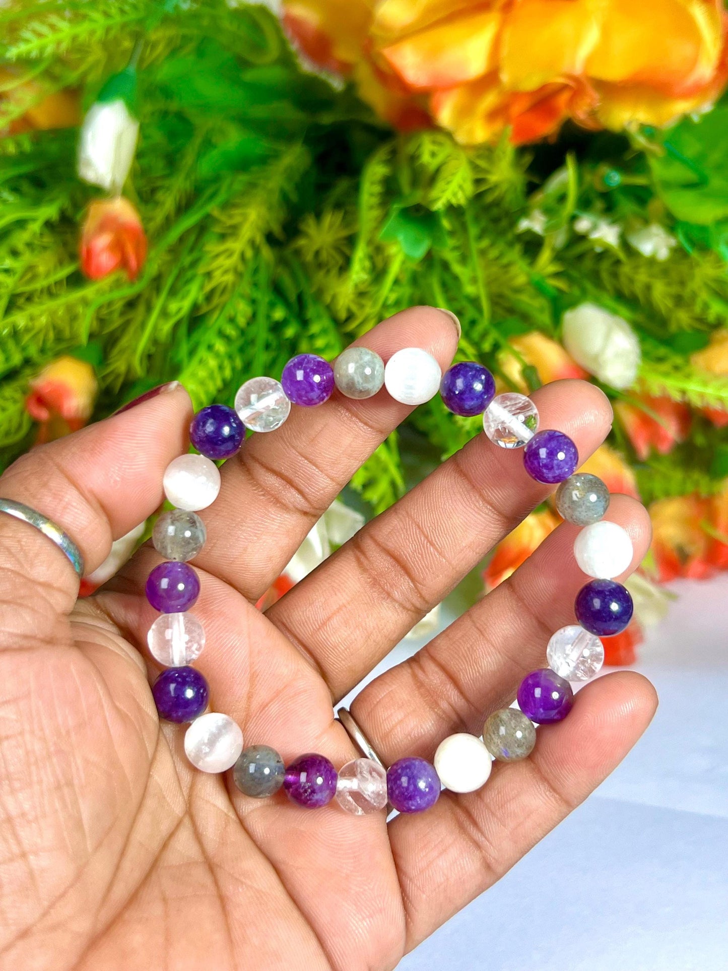 Crown Chakra Stone Bracelet Himalya Crystal , Amethyst , Labradorite, Selenite, Lepidolite 8 MM Beads Bracelet