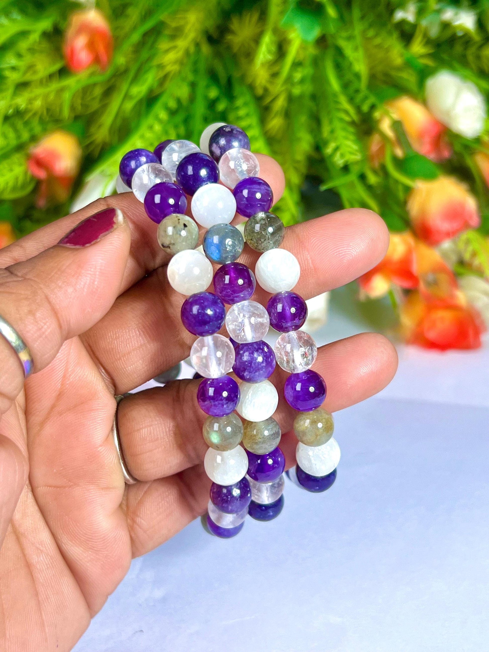 Crown Chakra Stone Bracelet Himalya Crystal , Amethyst , Labradorite, Selenite, Lepidolite 8 MM Beads Bracelet