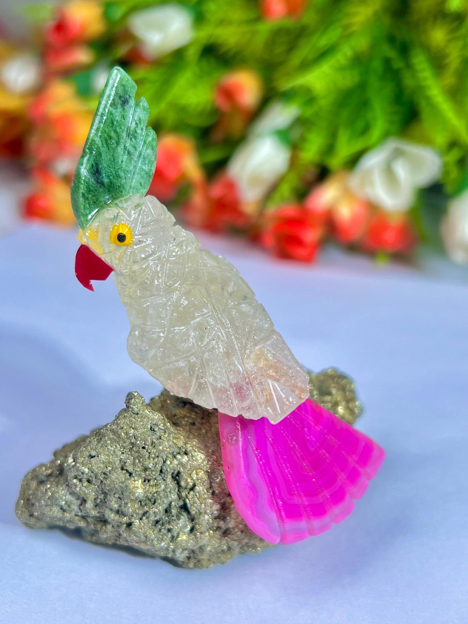 Beautiful Himalayan Crystal Quartz Parrot Bird with Pyrite Rough- Healing Crystal - Home Decoration - Reiki Healing - Gift for All