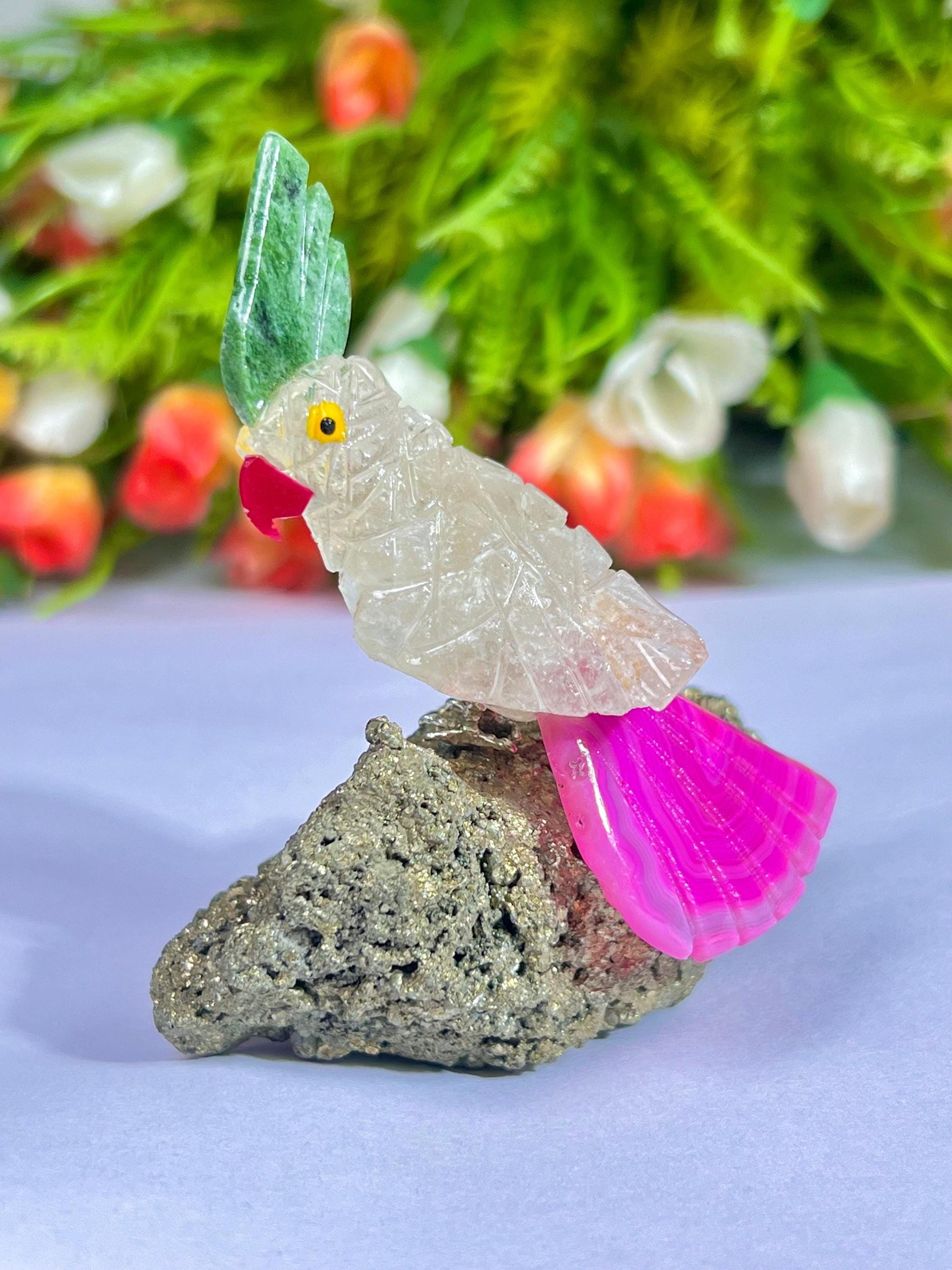 Beautiful Himalayan Crystal Quartz Parrot Bird with Pyrite Rough- Healing Crystal - Home Decoration - Reiki Healing - Gift for All