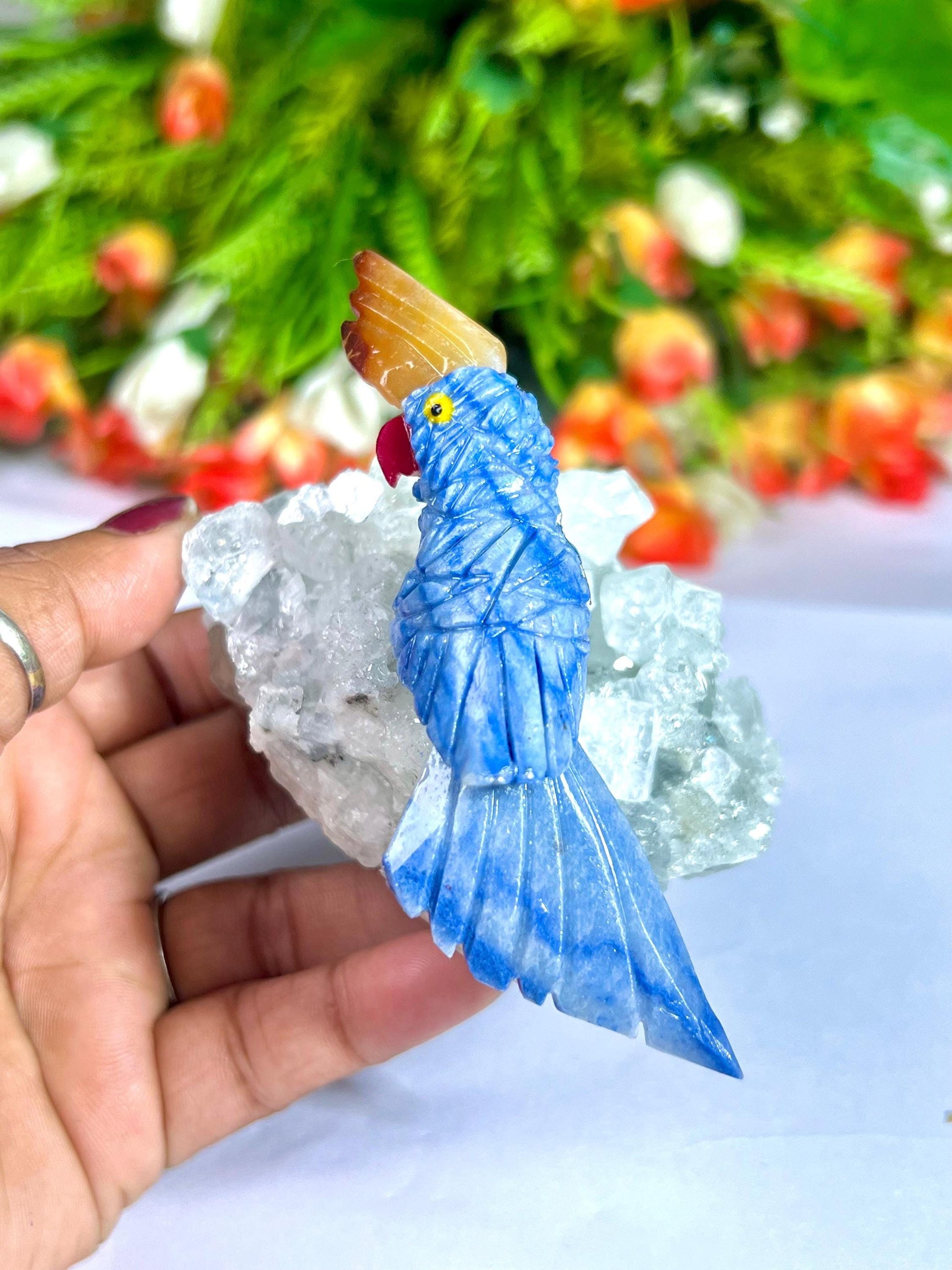 Beautiful Dumortierite And Carnelian Stone Parrot Bird On Apophyllite Mineral Healing Crystal - Home Decoration-Reiki Healing - Gift for All