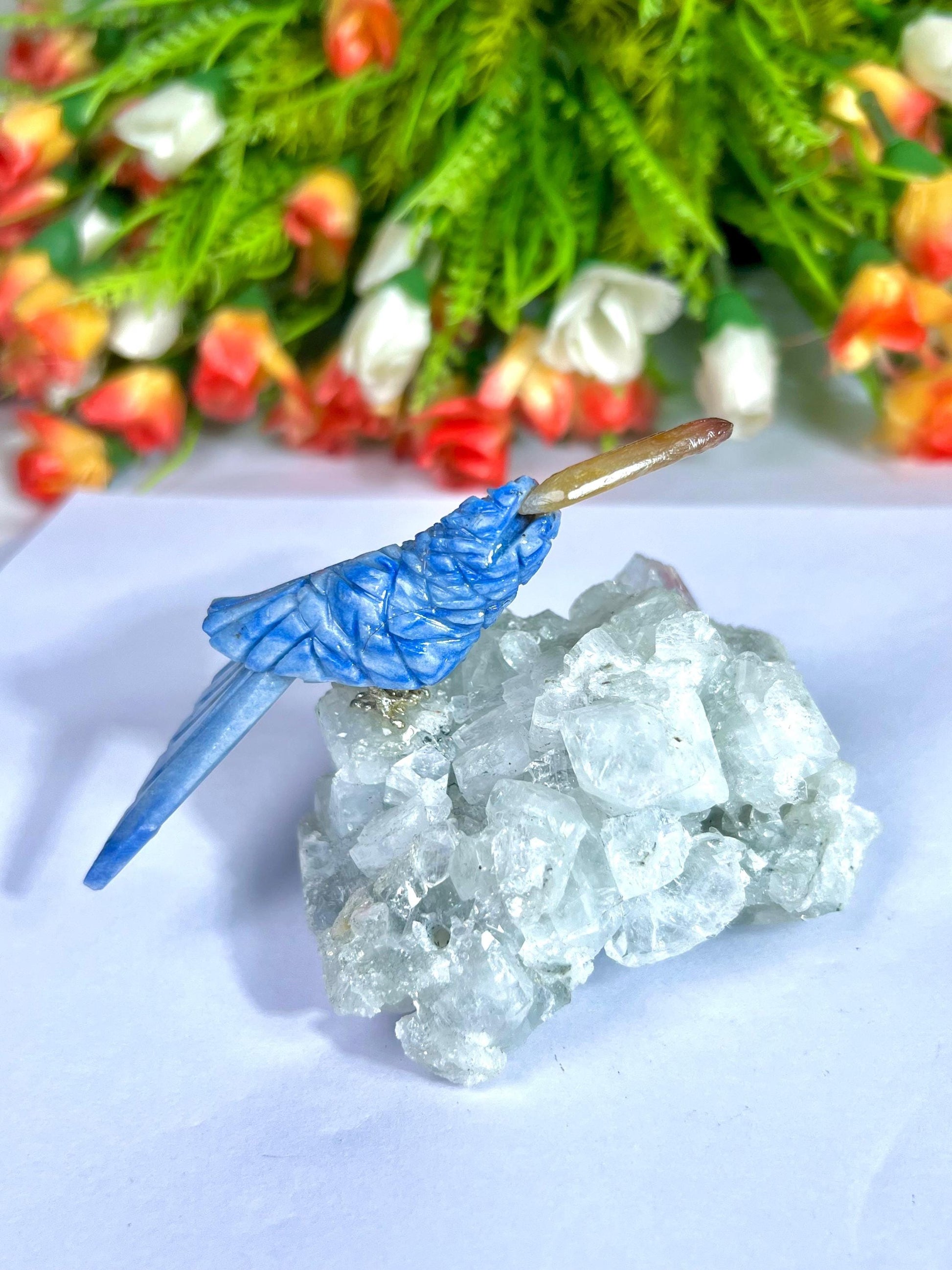 Beautiful Dumortierite And Carnelian Stone Parrot Bird On Apophyllite Mineral Healing Crystal - Home Decoration-Reiki Healing - Gift for All
