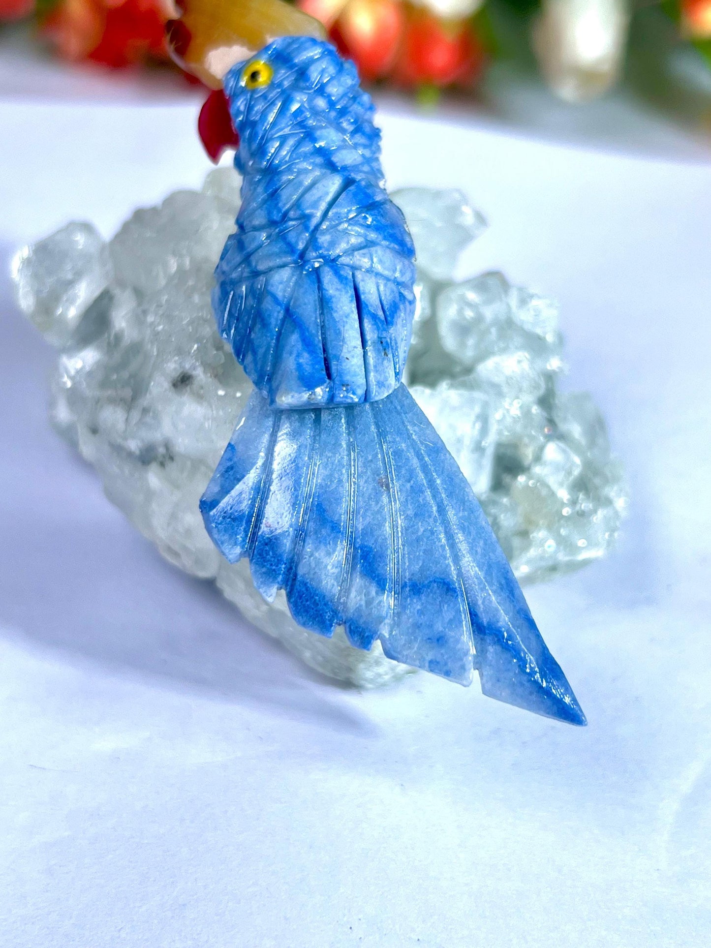 Beautiful Dumortierite And Carnelian Stone Parrot Bird On Apophyllite Mineral Healing Crystal - Home Decoration-Reiki Healing - Gift for All