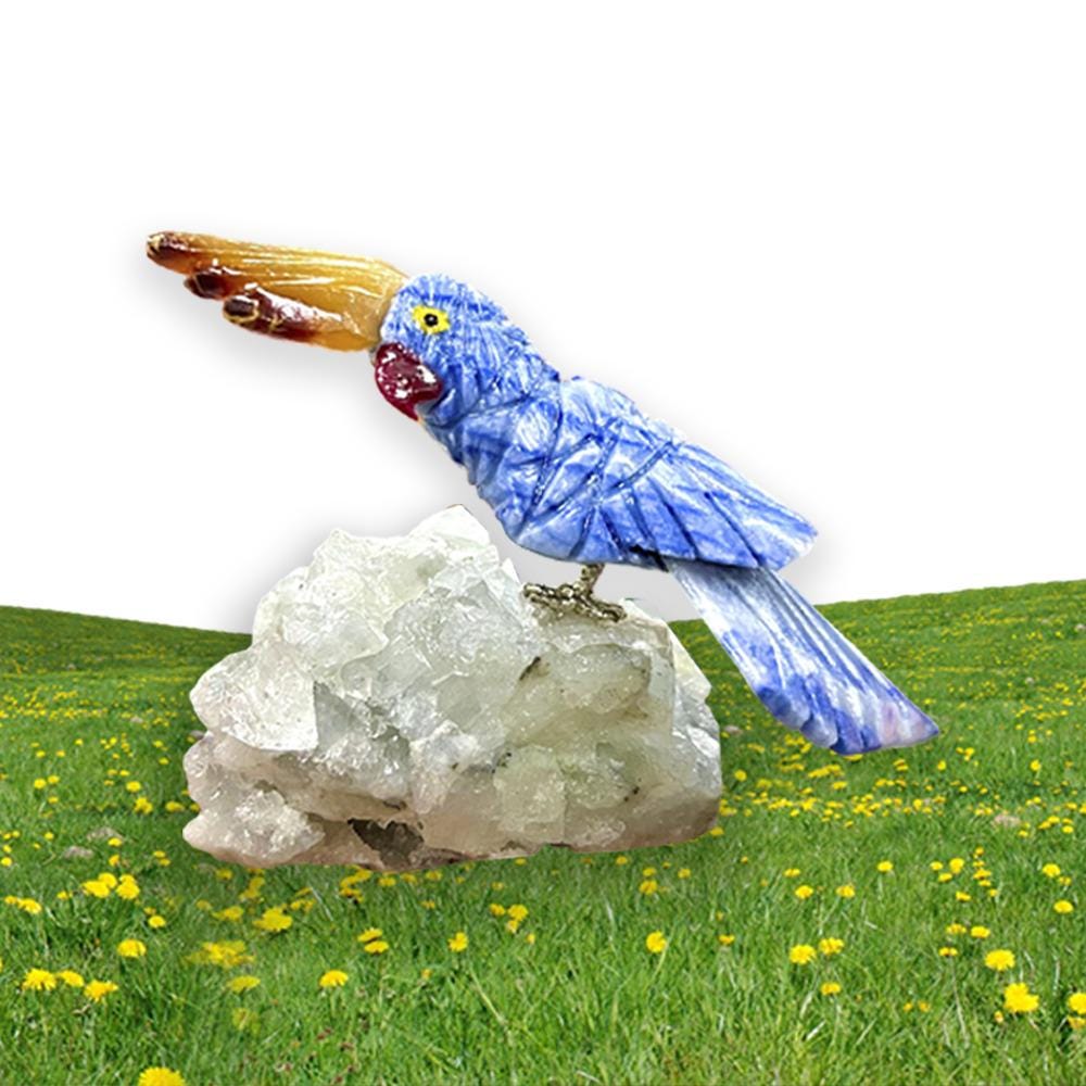 Beautiful Dumortierite And Carnelian Stone Parrot Bird On Apophyllite Mineral Healing Crystal - Home Decoration-Reiki Healing - Gift for All