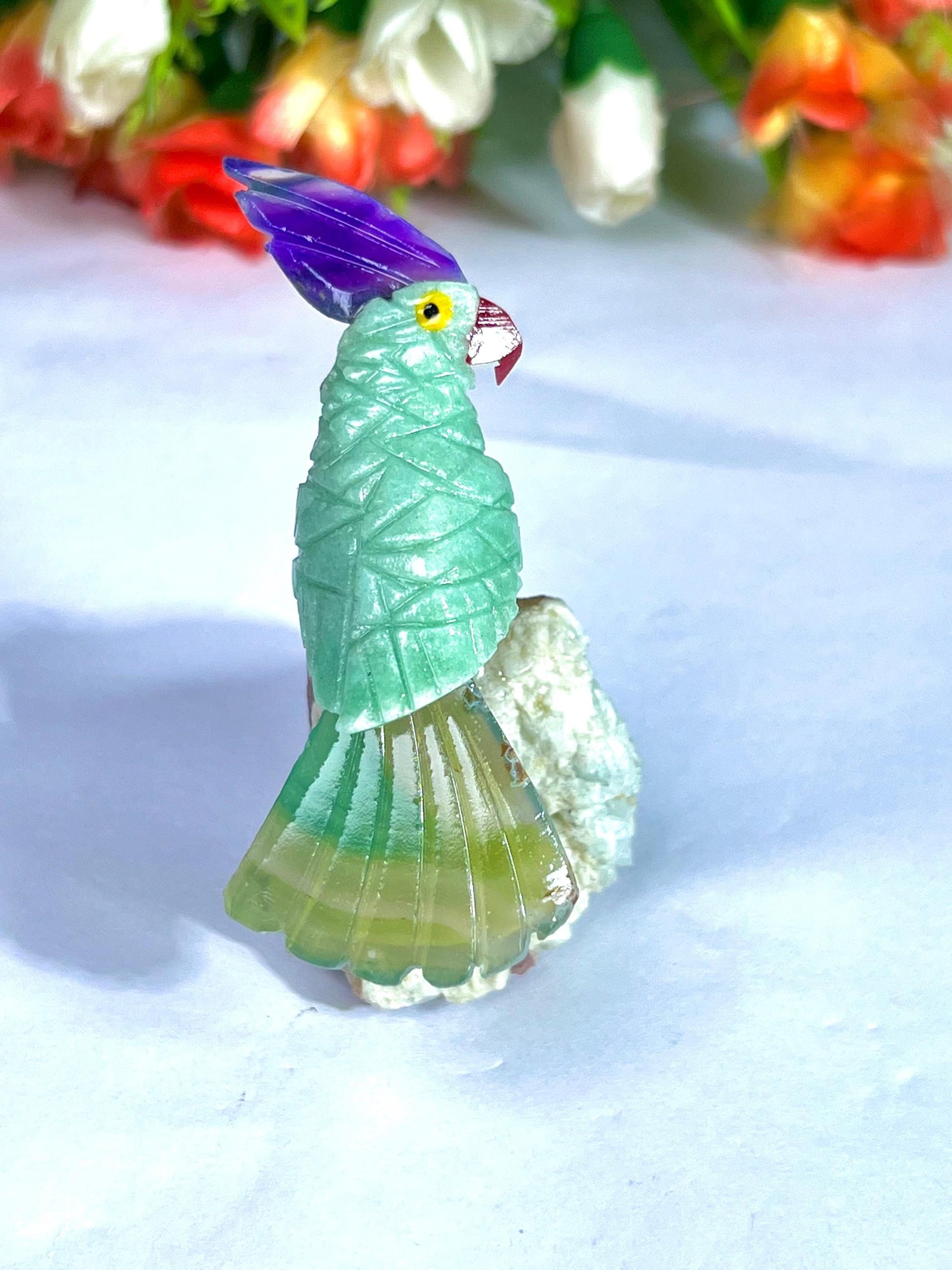Beautiful Green Aventurine Parrot Bird with Pink Tourmaline Rough- Healing Crystal - Home Decoration - Reiki Healing - Gift for All