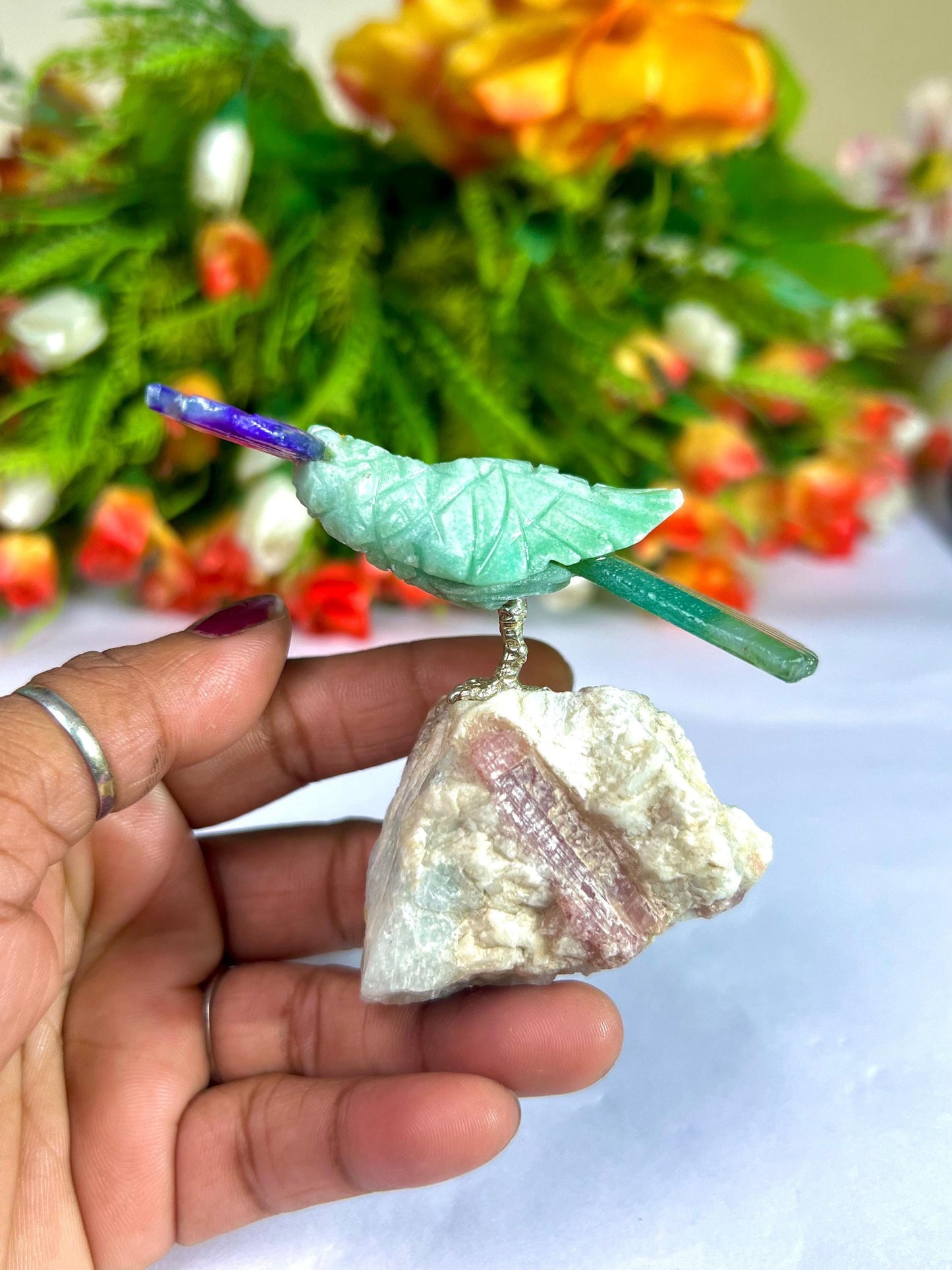 Beautiful Green Aventurine Parrot Bird with Pink Tourmaline Rough- Healing Crystal - Home Decoration - Reiki Healing - Gift for All