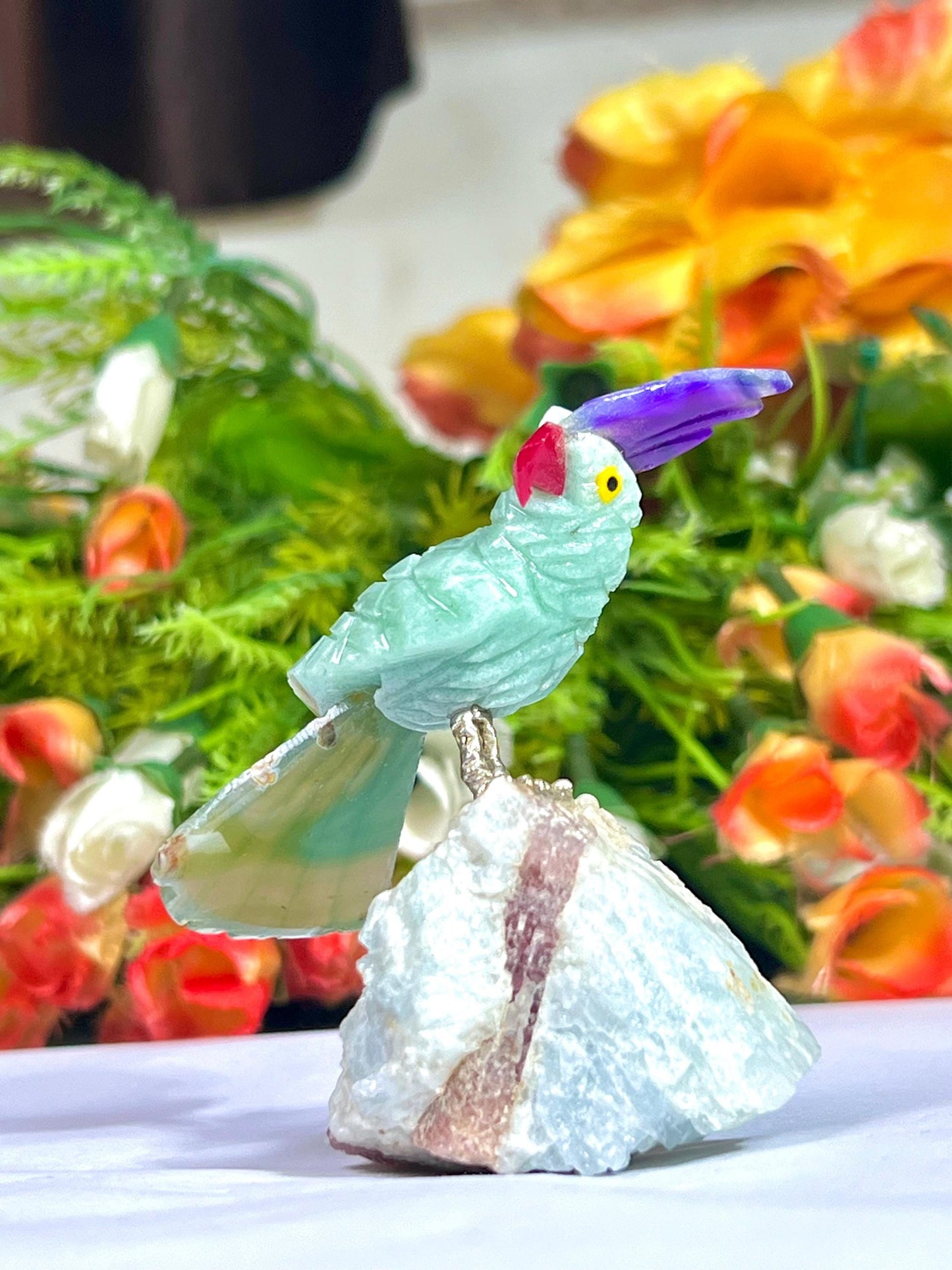 Beautiful Green Aventurine Parrot Bird with Pink Tourmaline Rough- Healing Crystal - Home Decoration - Reiki Healing - Gift for All