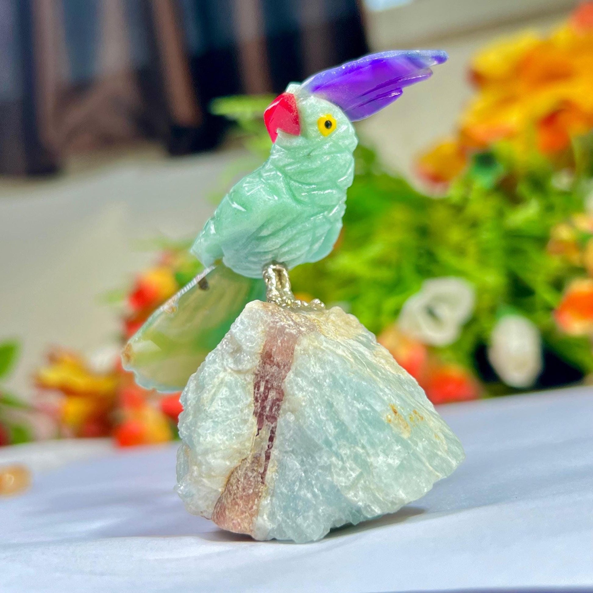 Beautiful Green Aventurine Parrot Bird with Pink Tourmaline Rough- Healing Crystal - Home Decoration - Reiki Healing - Gift for All