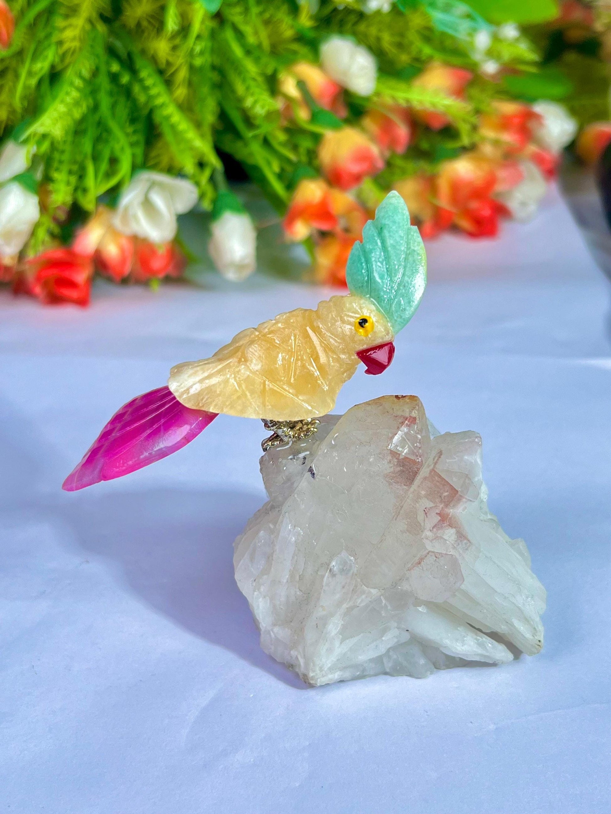 Beautiful Yellow Calcite Stone Parrot Bird On Samadhi Crystal Quartz Mineral Healing Crystal - Home Decoration-Reiki Healing - Gift for All