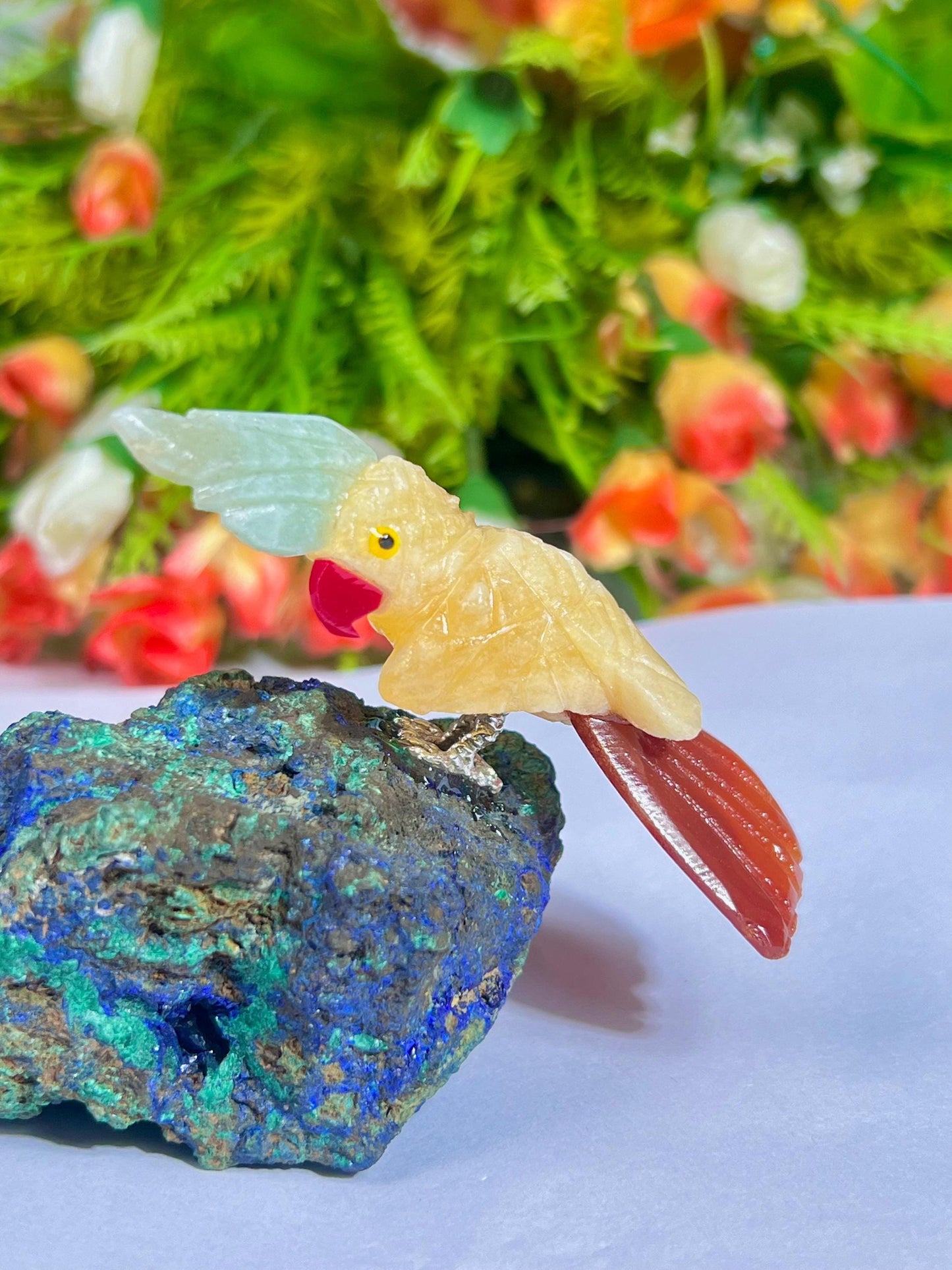 Beautiful Yellow Calcite And Carnelian Parrot Bird On Azurite Malachite mineral Healing Crystal - Home Decoration Reiki Healing Gift for All