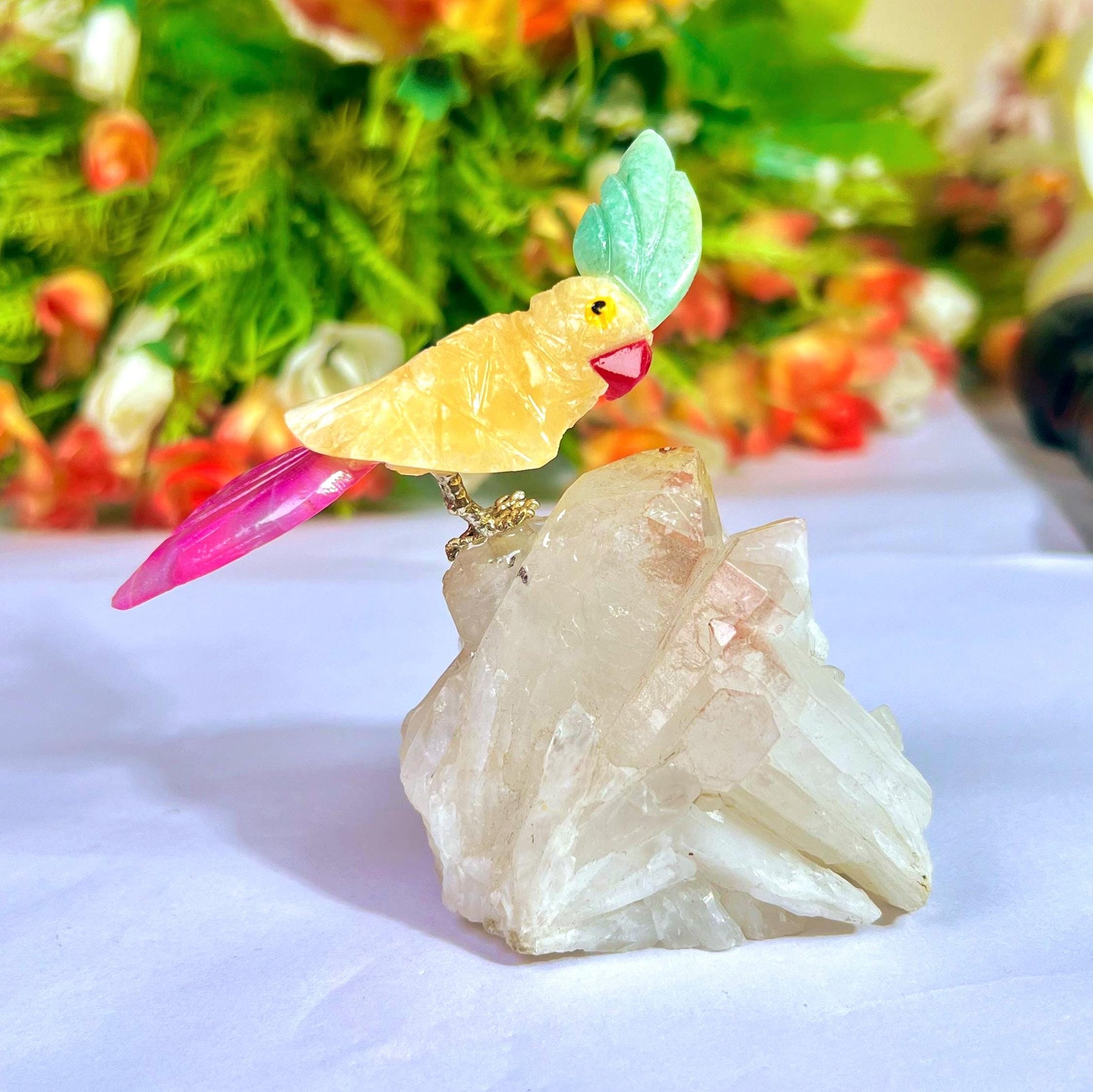 Beautiful Yellow Calcite Stone Parrot Bird On Samadhi Crystal Quartz Mineral Healing Crystal - Home Decoration-Reiki Healing - Gift for All