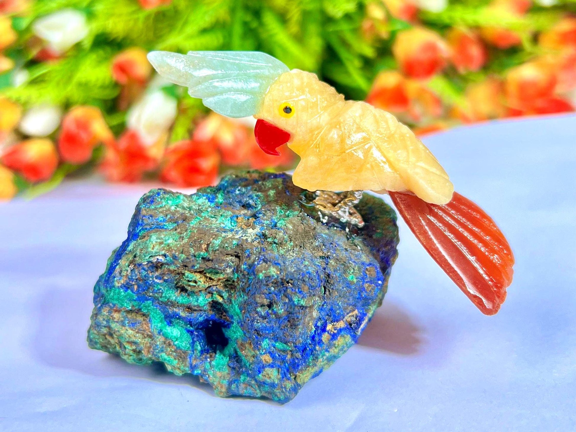 Beautiful Yellow Calcite And Carnelian Parrot Bird On Azurite Malachite mineral Healing Crystal - Home Decoration Reiki Healing Gift for All