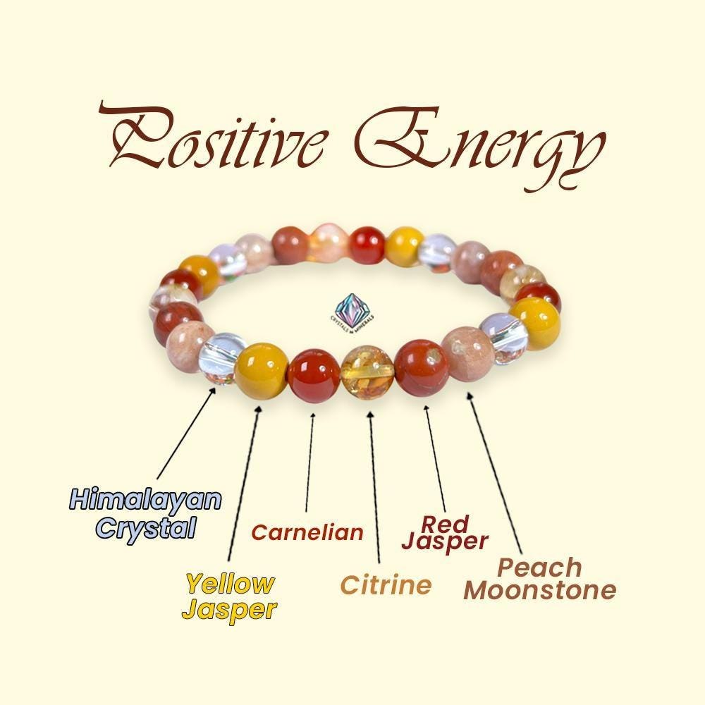 Positive Energy Stone Bracelet l Himalayan Crystal, Yellow Jasper, Carnelian, Citrine, Red Jasper, Peach Moonstone 8 MM Beads Bracelet