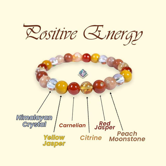 Positive Energy Stone Bracelet l Himalayan Crystal, Yellow Jasper, Carnelian, Citrine, Red Jasper, Peach Moonstone 8 MM Beads Bracelet
