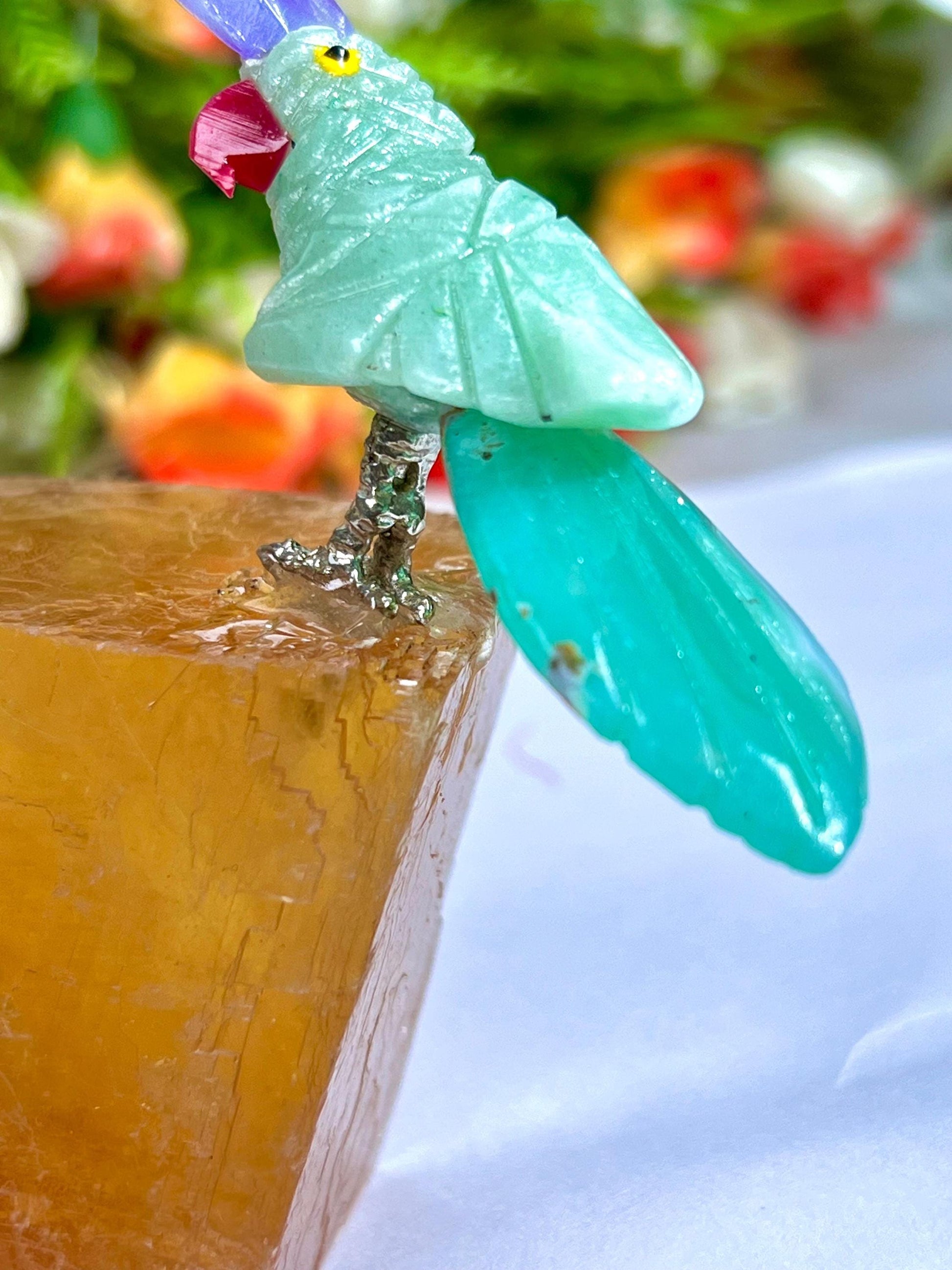 Beautiful Green Aventurine Parrot Bird On Honey Cubic Calcite - Healing Crystal - Home Decoration - Reiki Healing - Gift for All