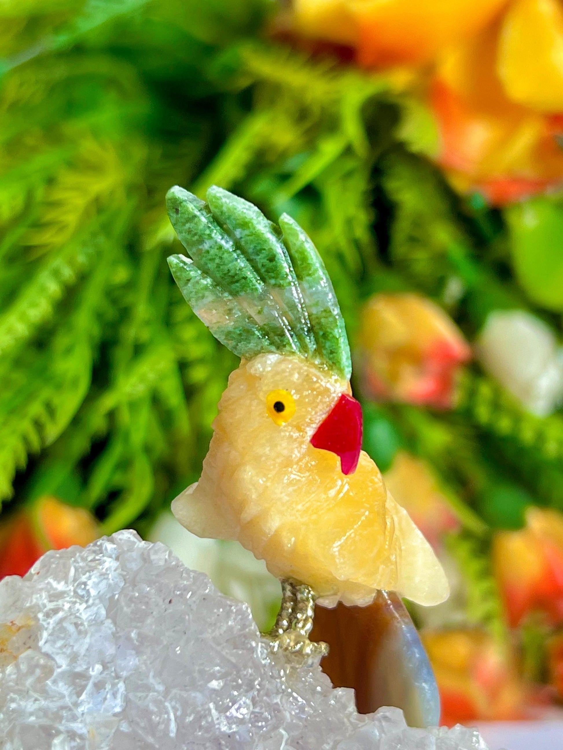 Beautiful Yellow Calcite Stone Parrot Bird On Amethyst Geode Mineral Healing Crystal - Home Decoration-Reiki Healing - Gift for All