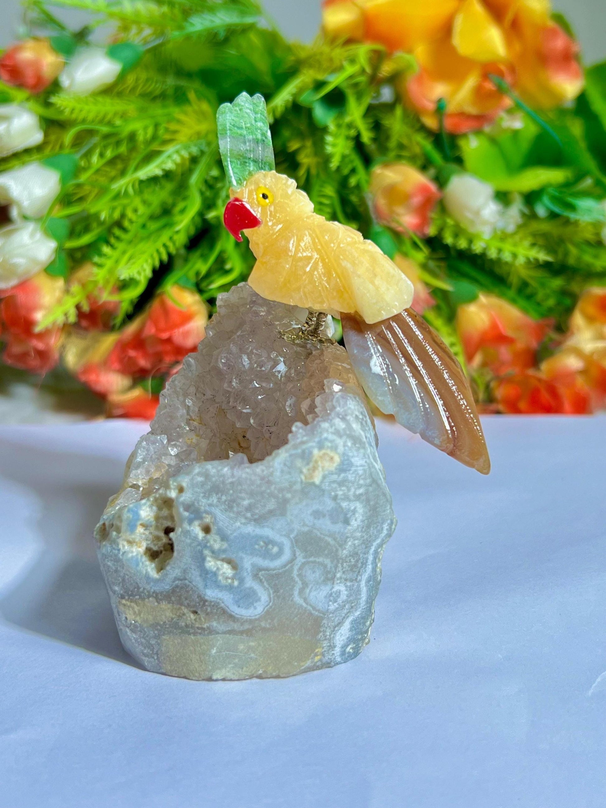 Beautiful Yellow Calcite Stone Parrot Bird On Amethyst Geode Mineral Healing Crystal - Home Decoration-Reiki Healing - Gift for All
