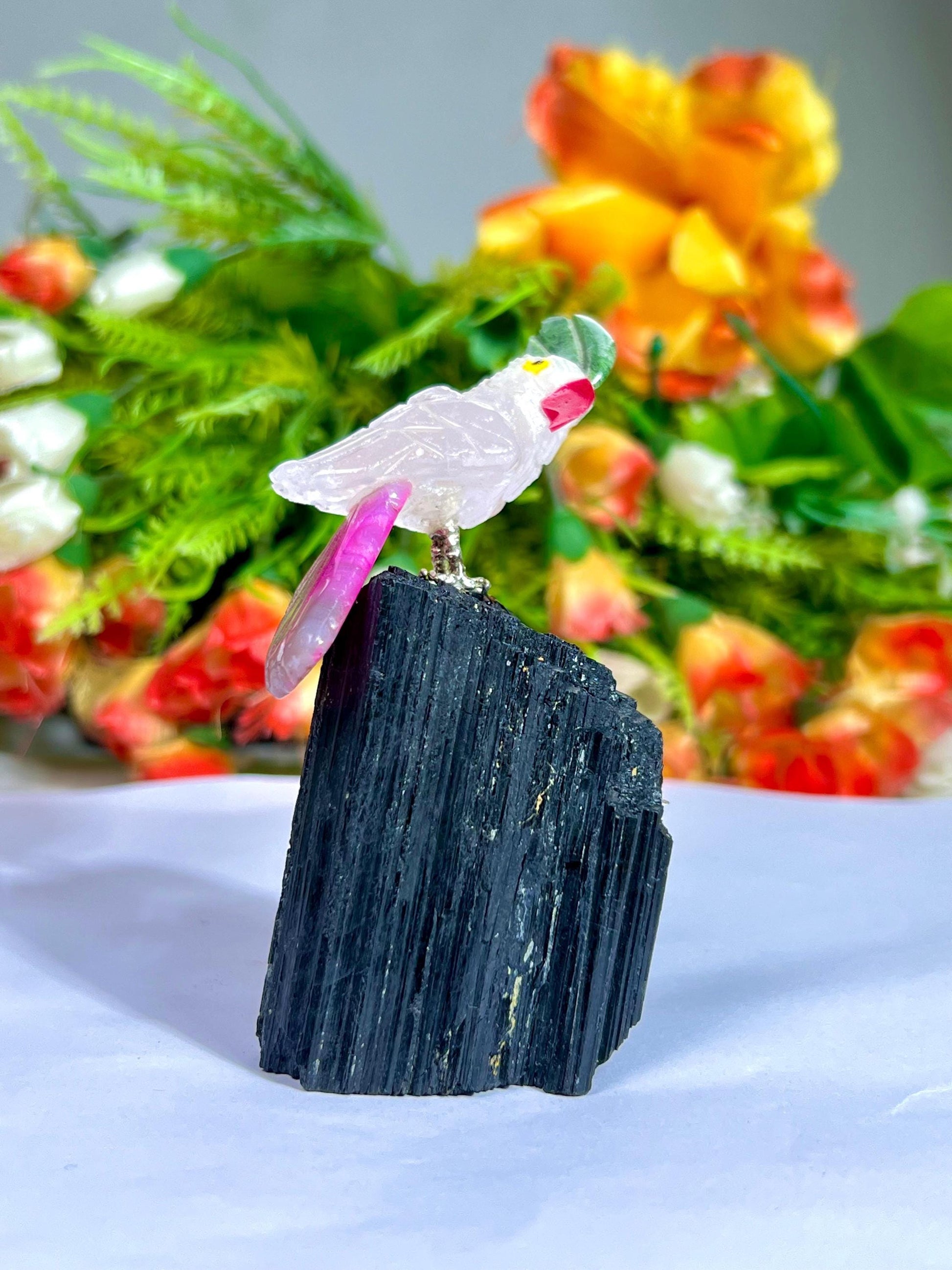 Beautiful Himalayan Crystal Parrot Bird On Black Tourmaline - Healing Crystal - Home Decoration - Reiki Healing - Gift for All