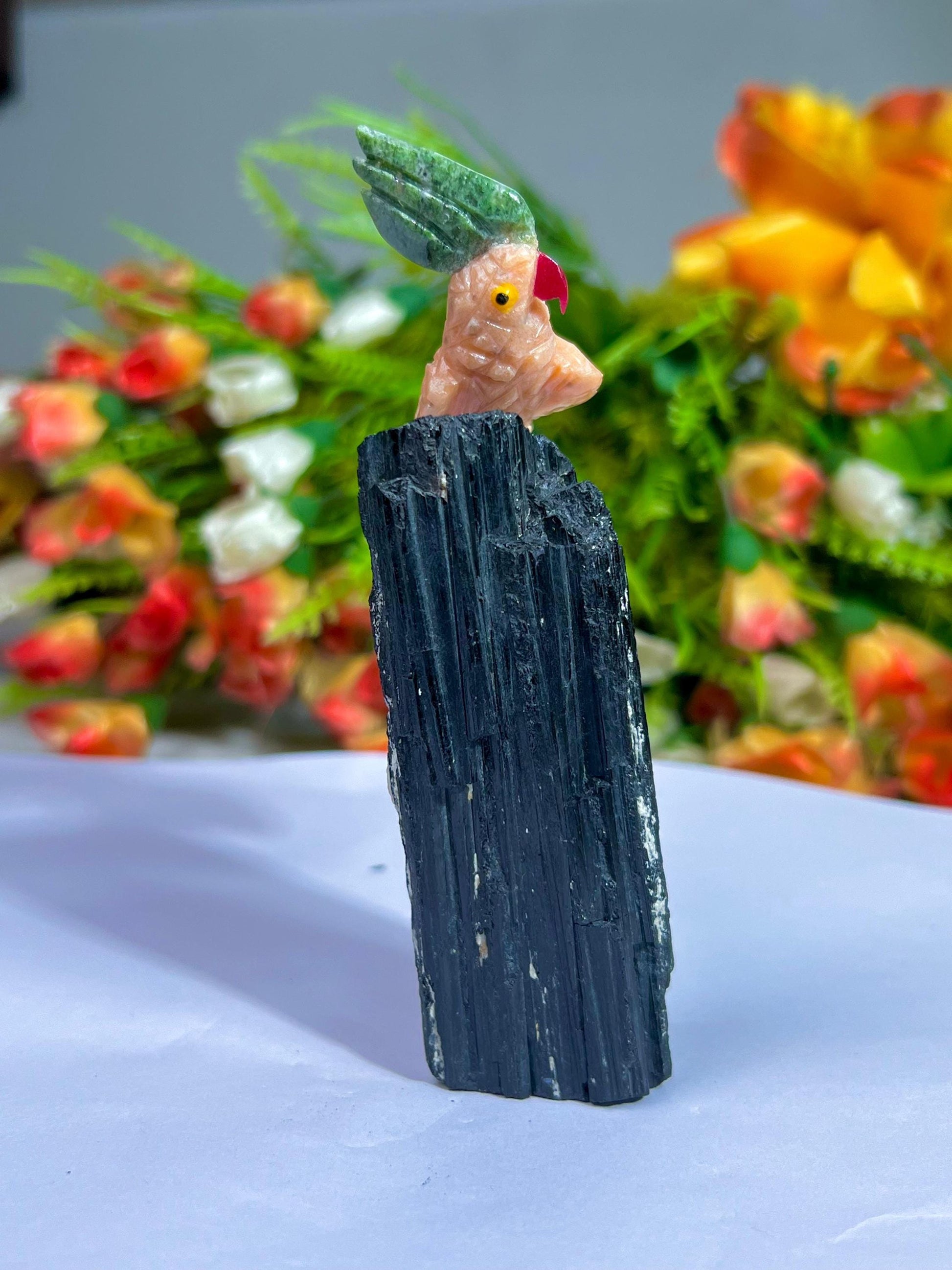 Beautiful Peach Moonstone Crystal Parrot Bird On Black Tourmaline Rough- Healing Crystal - Home Decoration - Reiki Healing - Gift for All