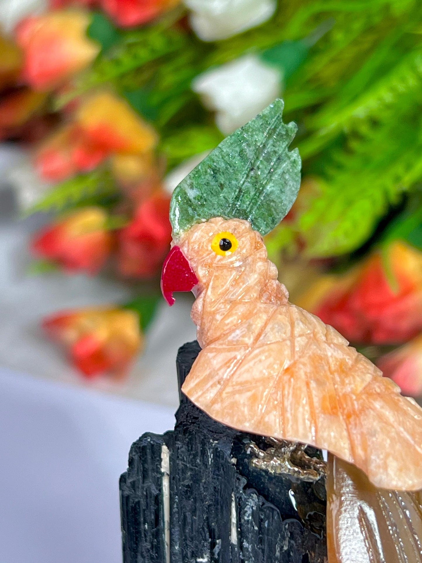 Beautiful Peach Moonstone Crystal Parrot Bird On Black Tourmaline Rough- Healing Crystal - Home Decoration - Reiki Healing - Gift for All